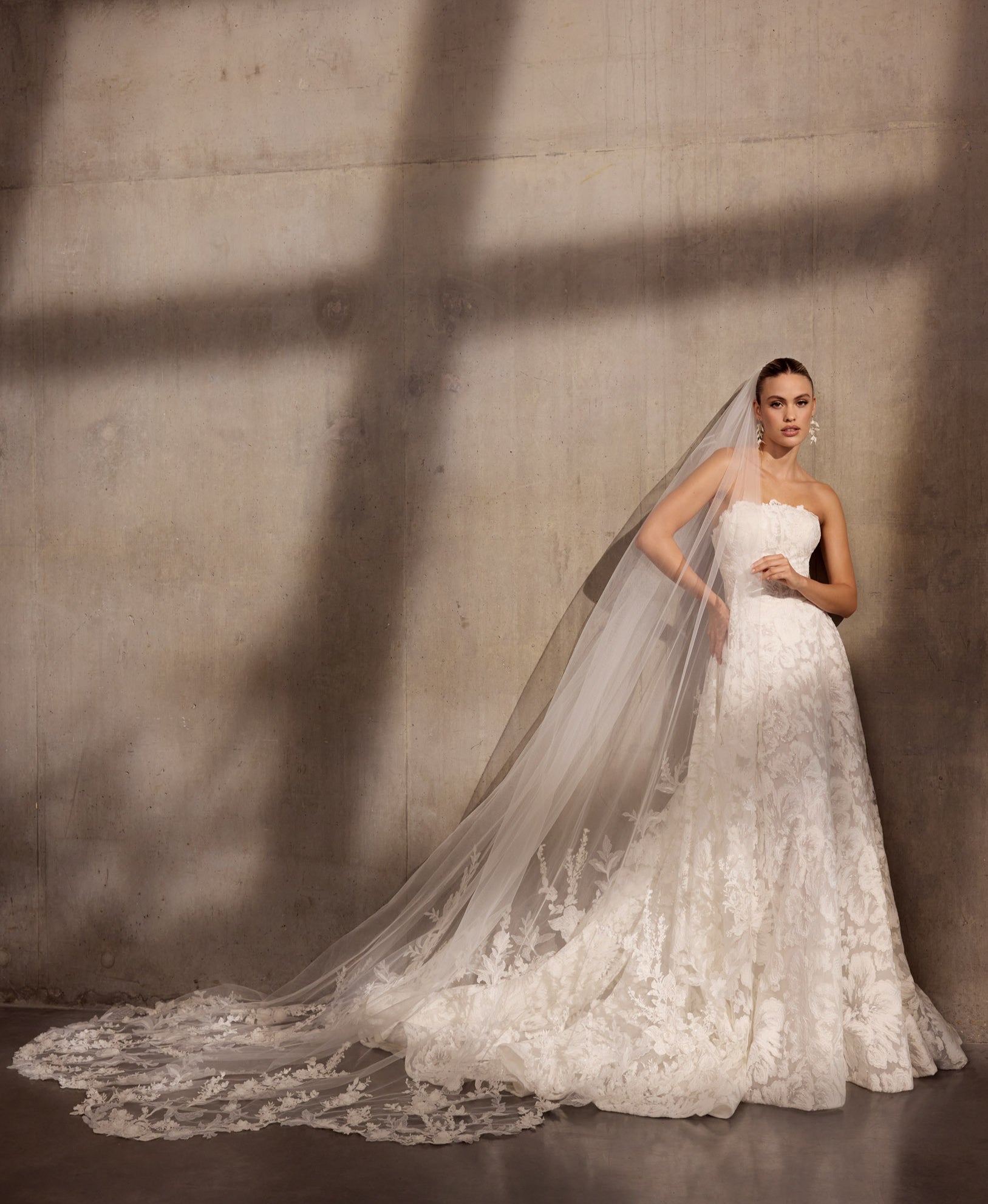 Georgette crepe sheath dress with floral
applique, optional sleeves and illusion train