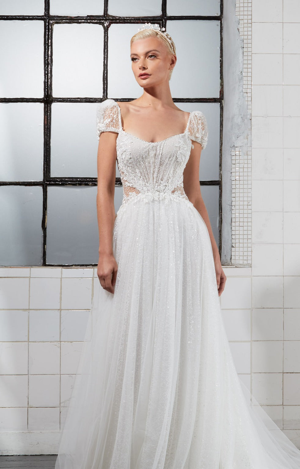 Chic sparkly A-line scoop neckline with illusion tulle cut-out with corset and detachable sleeves