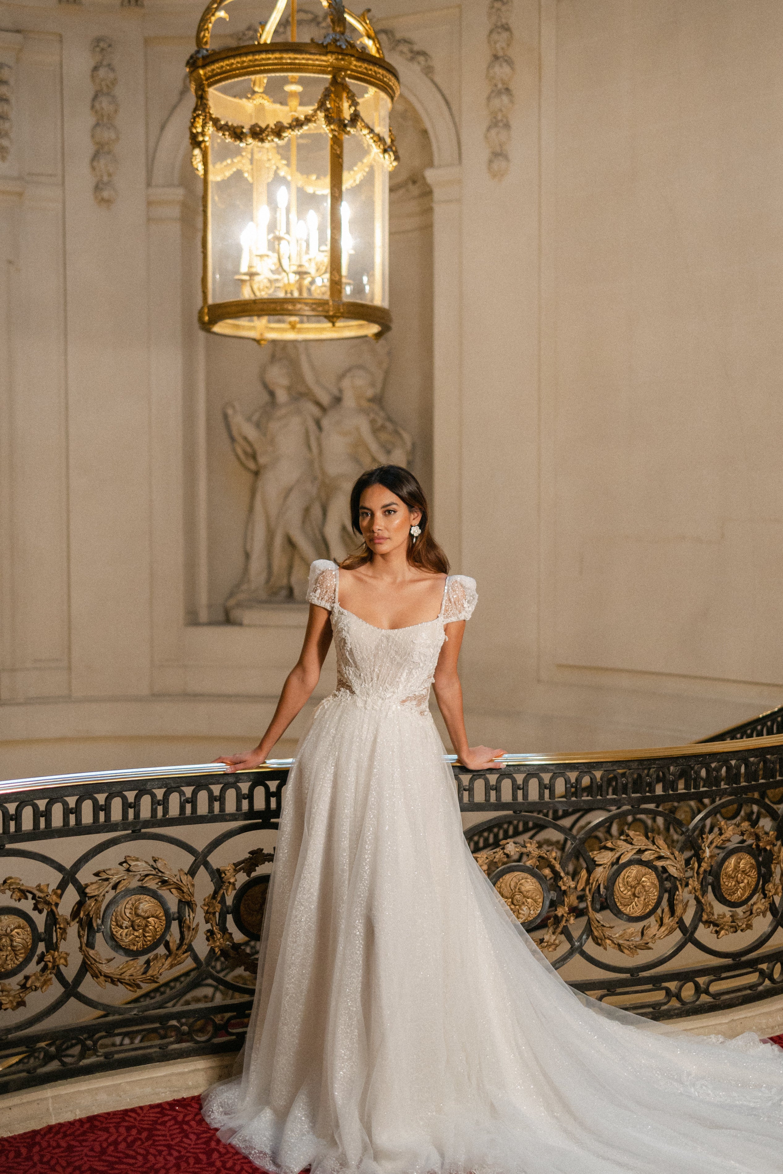 Chic sparkly A-line scoop neckline with illusion tulle cut-out with corset and detachable sleeves