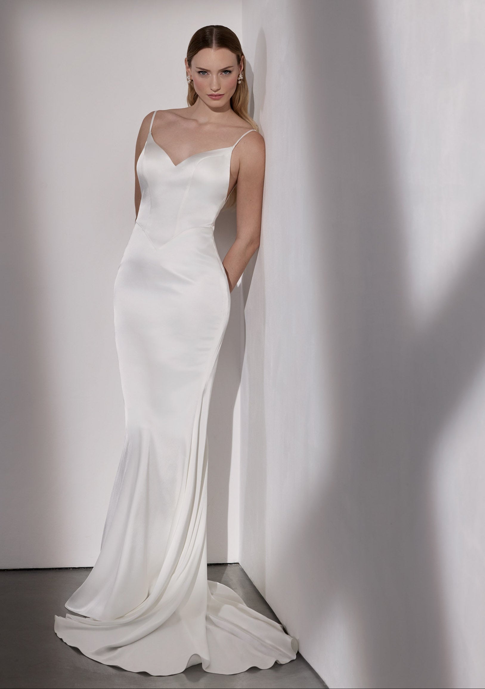 sweetheart neckline with straps slip over satin sheath with flower buttons