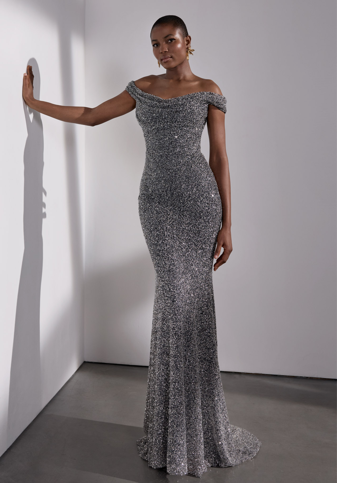 Black noir draped bardot bodice with sparkling crystal embellishment sheath gown