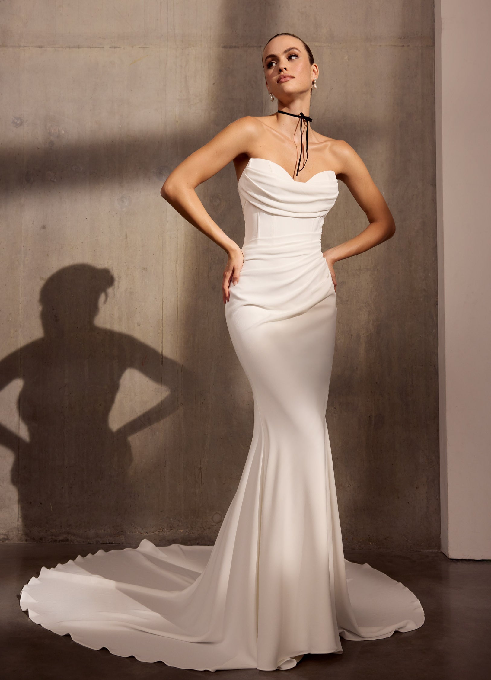 Strapless georgette draped sheath dress with corset and sweetheart neckline