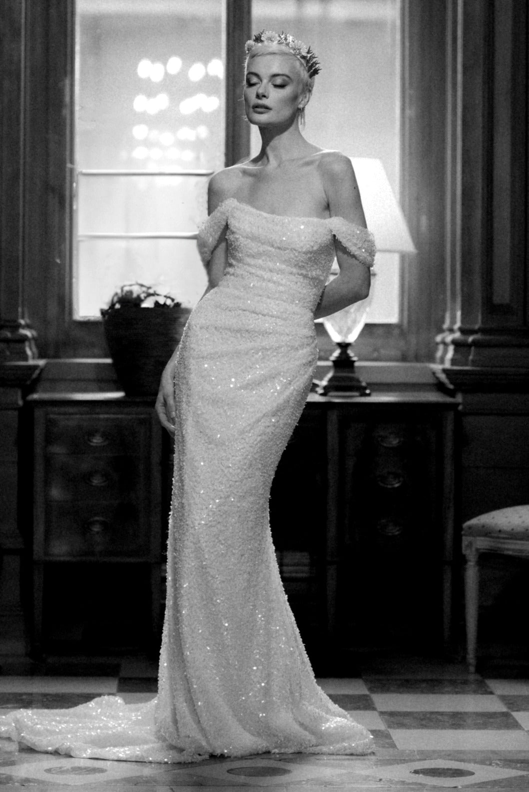 stretch sparkle jersey fabric scoop neckline figure hugging dress with skirt split, detachable straps and 3D sequin embellishments