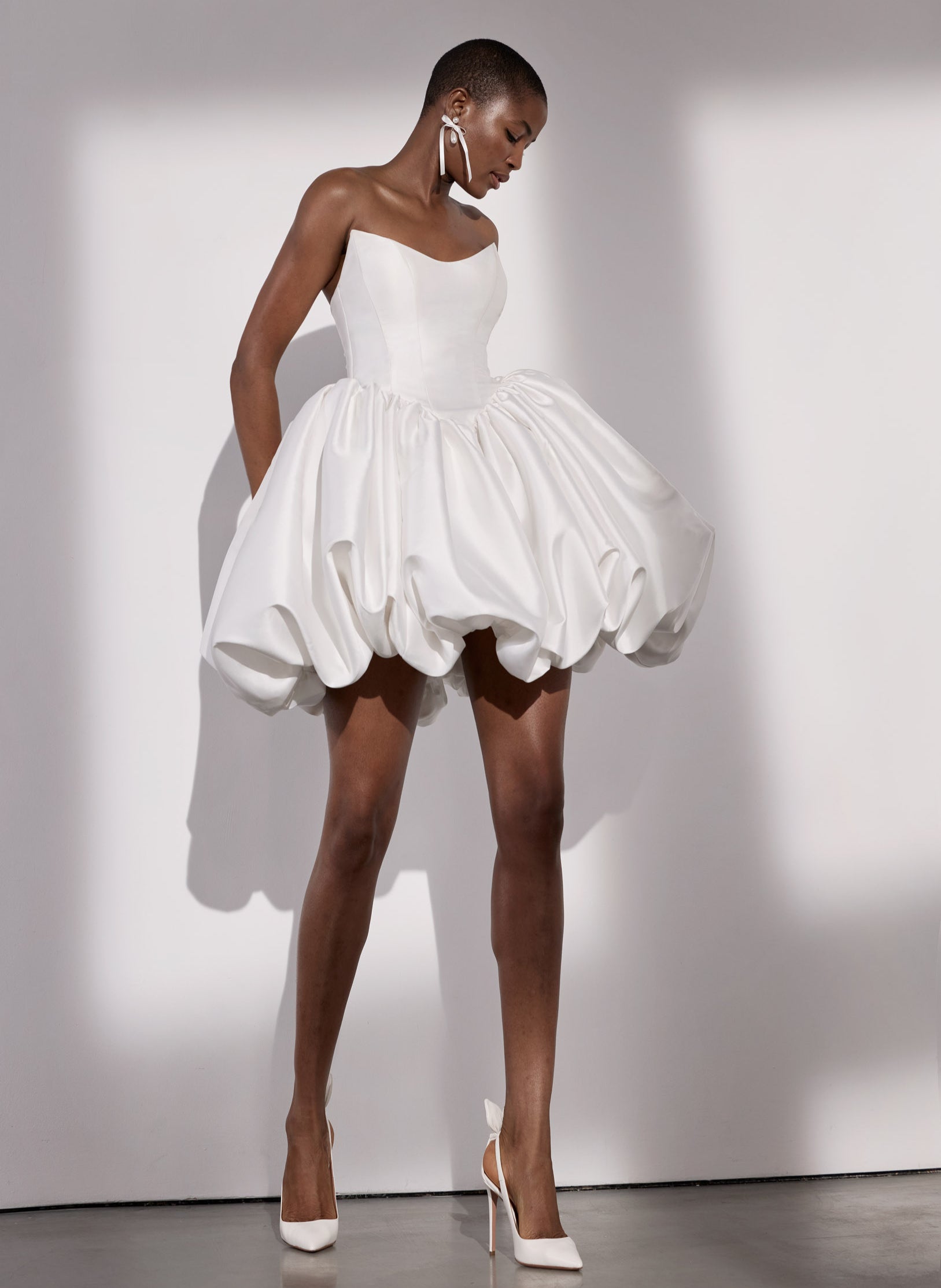 Lux mikado basque waist puff-ball skirt mini
dress with gold buttons