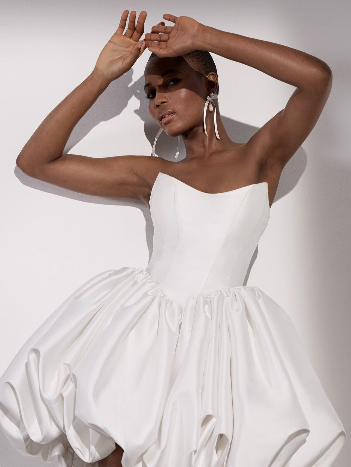 Lux mikado basque waist puff-ball skirt mini
dress with gold buttons