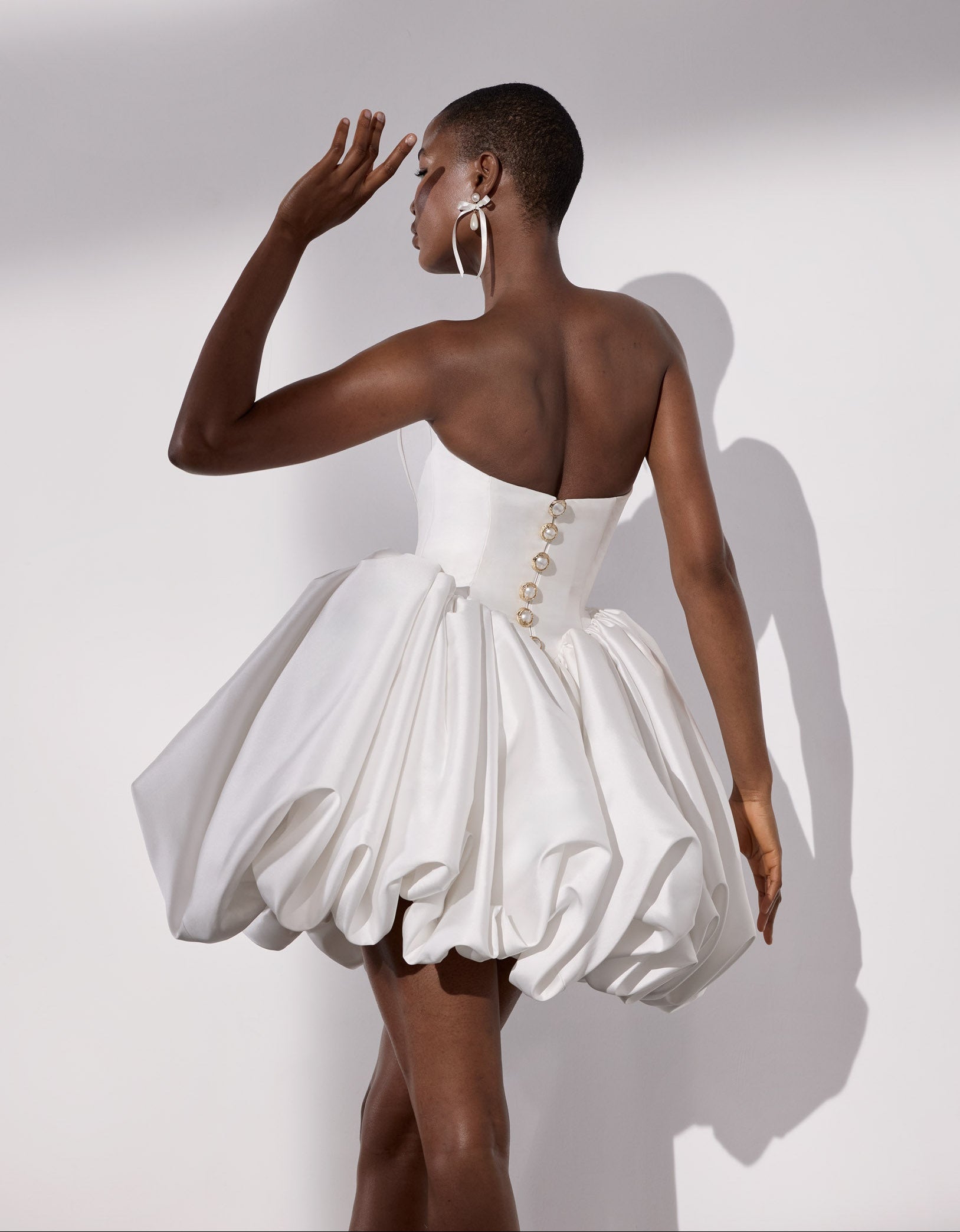 Lux mikado basque waist puff-ball skirt mini
dress with gold buttons