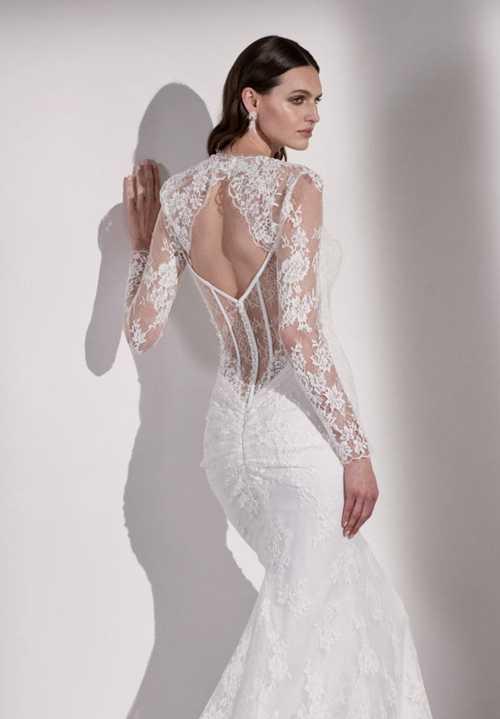 French-look lace basque waist sheath dress
with illusion back and jacket
