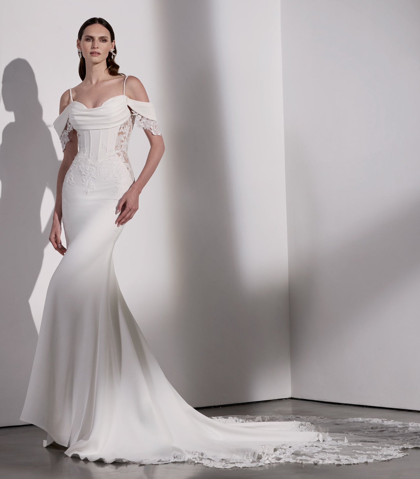 Lux stretch crepe and embroidery lace
basque waist sheath dress with illusion back with dropped straps