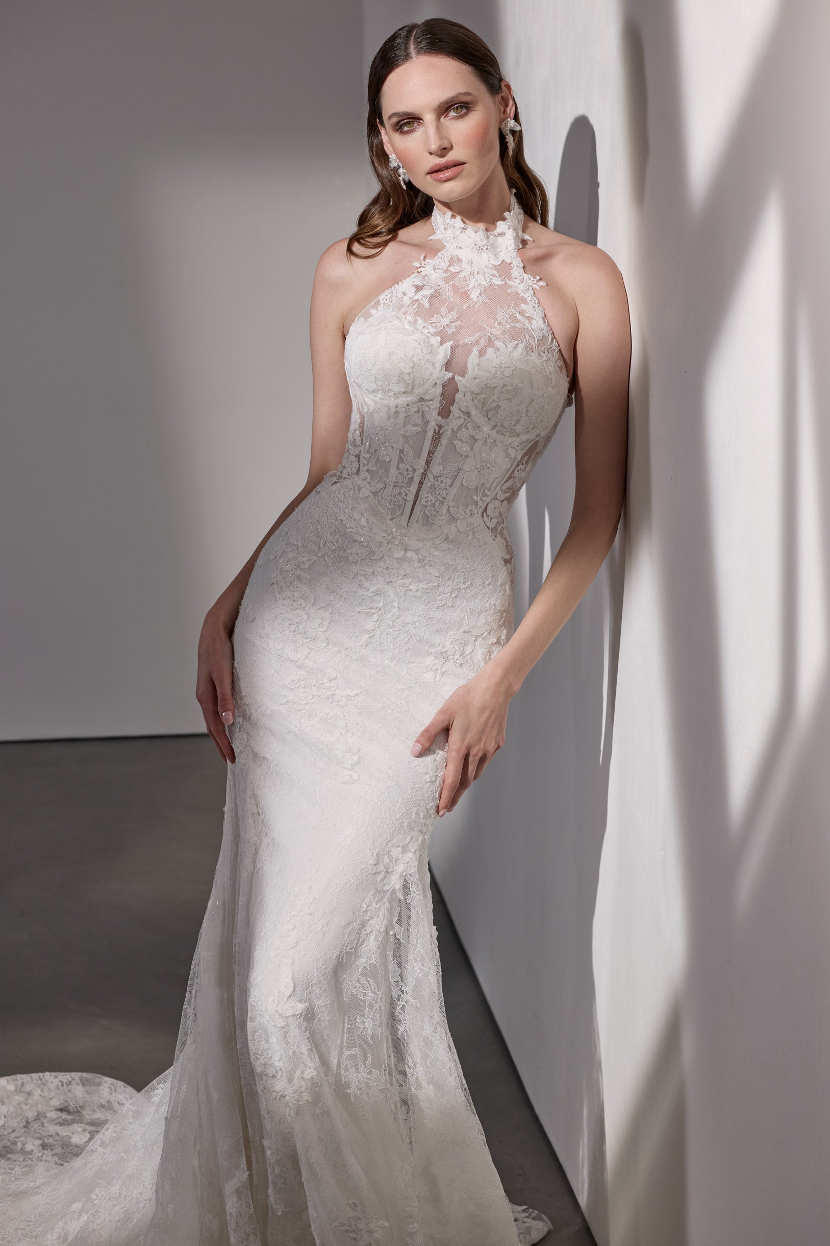 Chantilly and embroidery lace high-neck
sheath dress with dramatic train