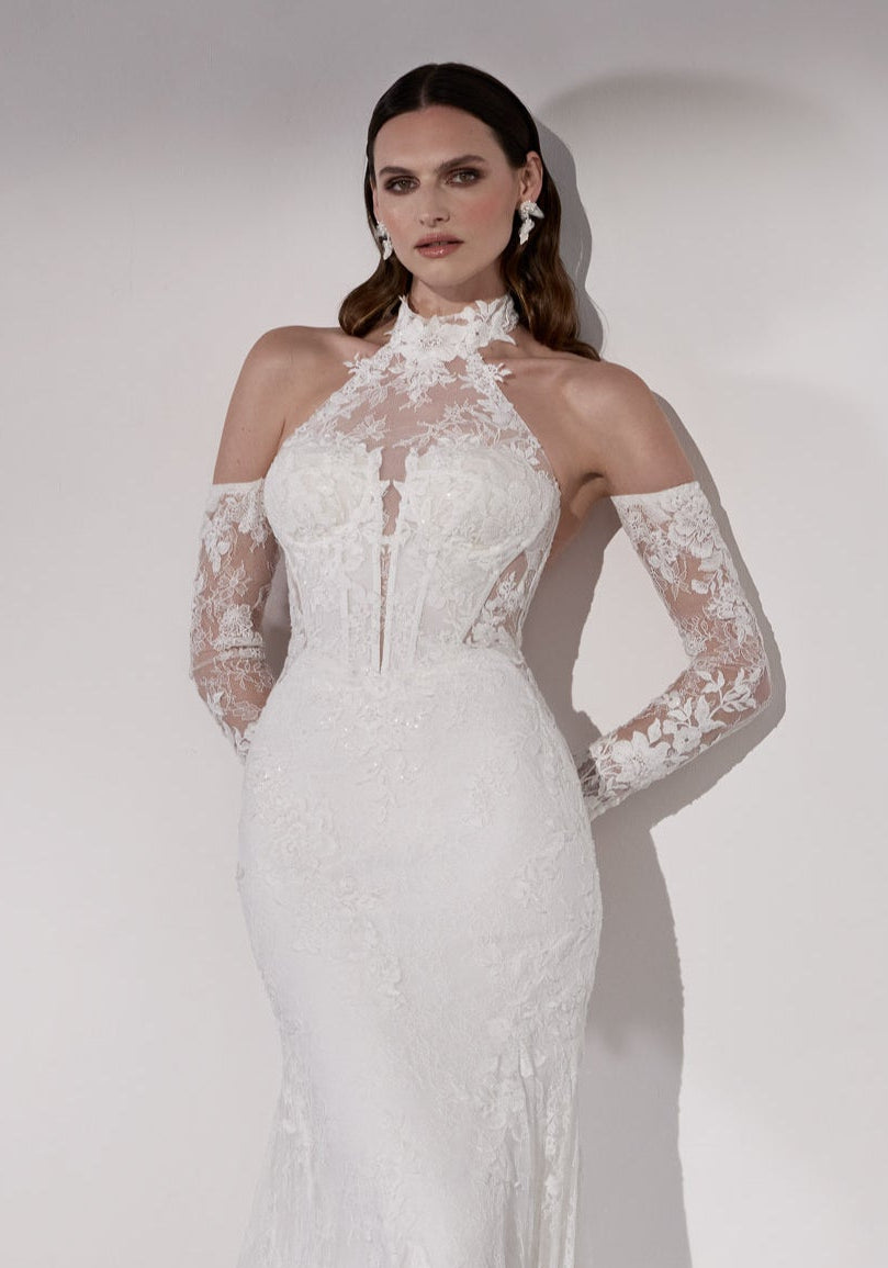 Chantilly and embroidery lace high-neck
sheath dress with dramatic train