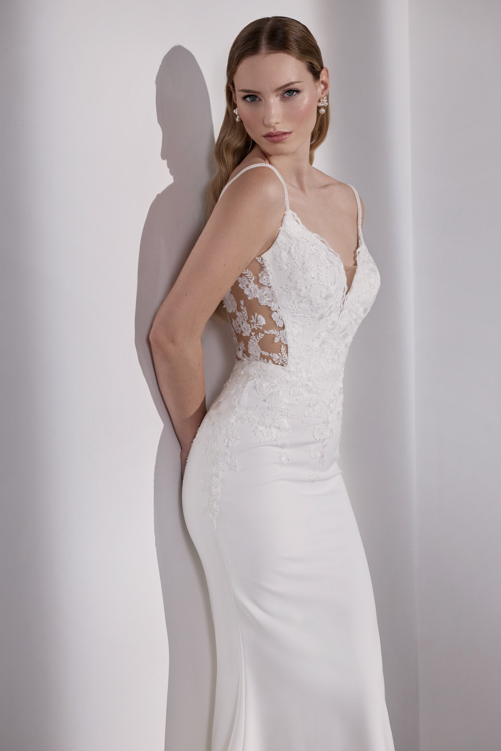 Lux stretch crepe with embroidery lace detail and illusion back and plunge sweetheart neckline with straps