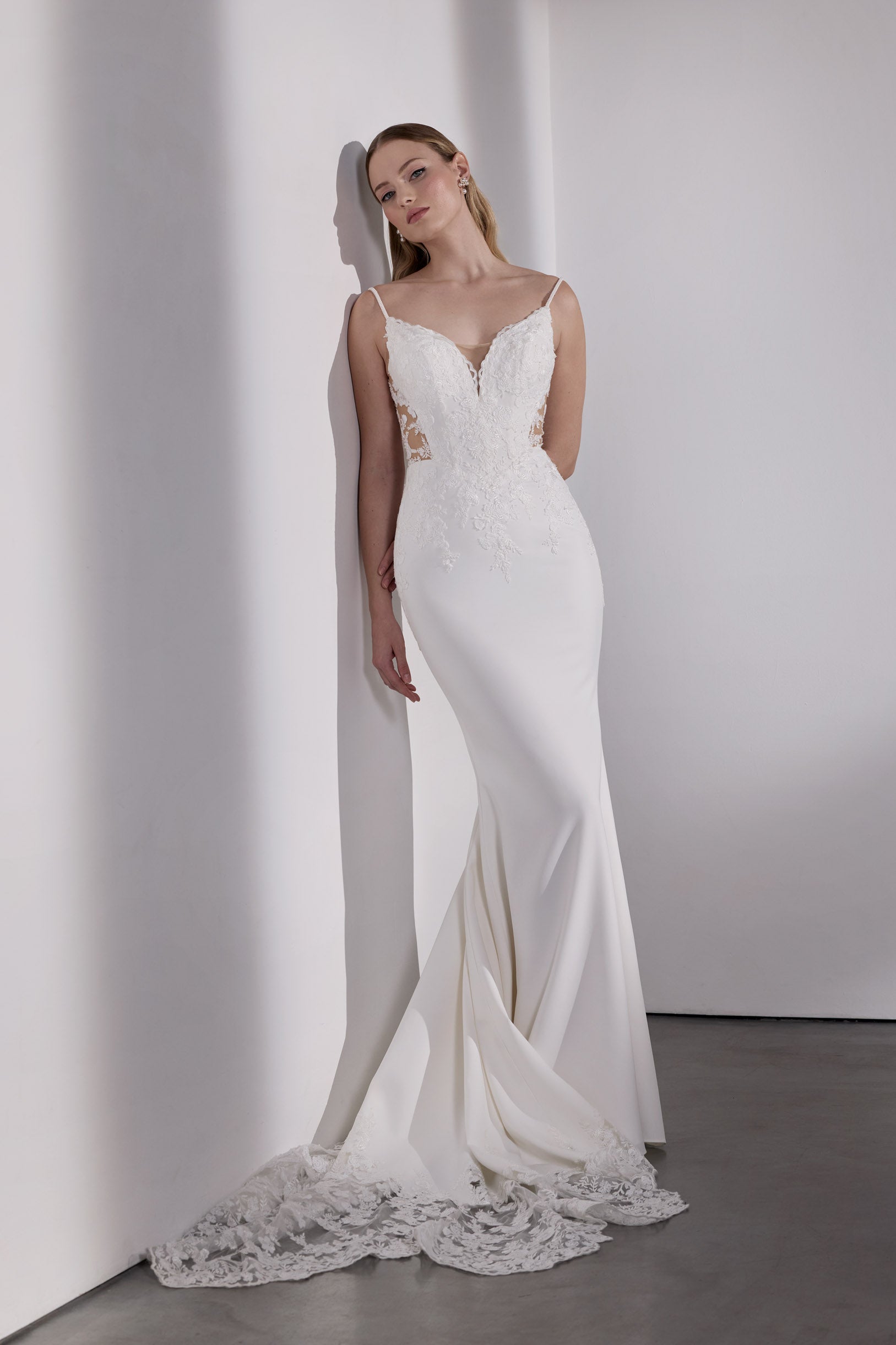 Lux stretch crepe with embroidery lace detail and illusion back and plunge sweetheart neckline with straps