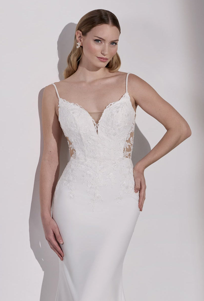 Lux stretch crepe with embroidery lace detail and illusion back and plunge sweetheart neckline with straps