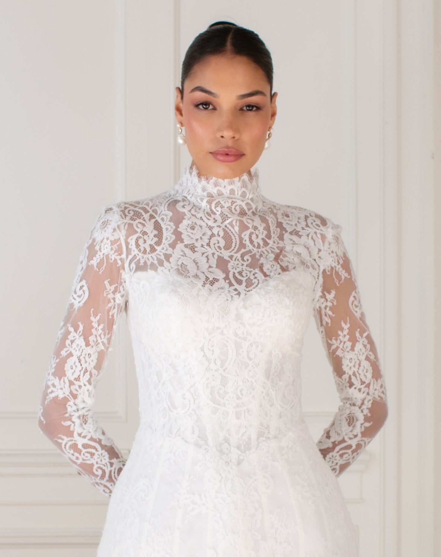 Chantilly-look lace topper with pearl button
back