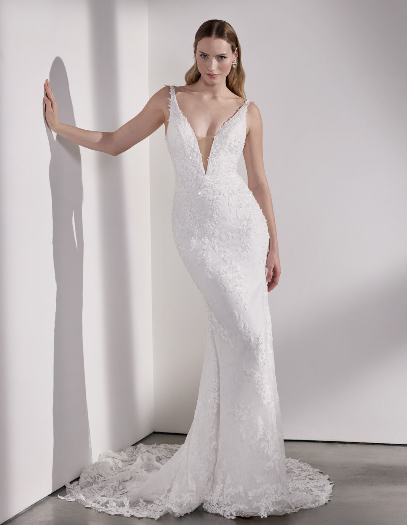 Beaded V-neck plunge fitted sheath dress with illusion
train