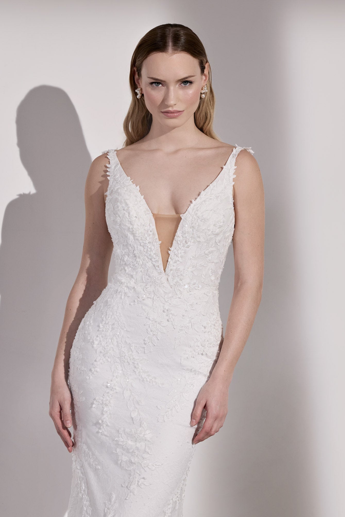 Beaded V-neck plunge sheath dress with illusion
train