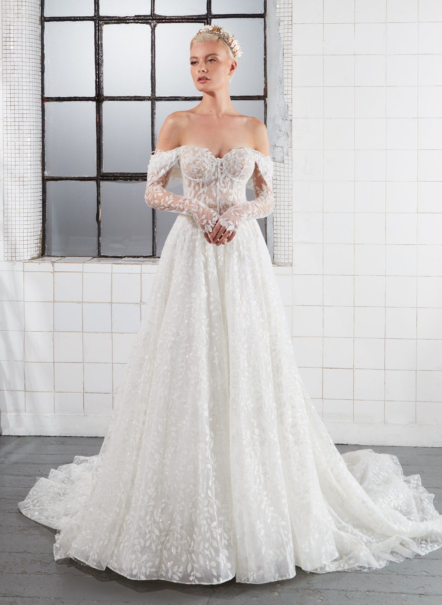 sparkle tulle strapless A-Line dress with detachable straps and sleeves and inner corset