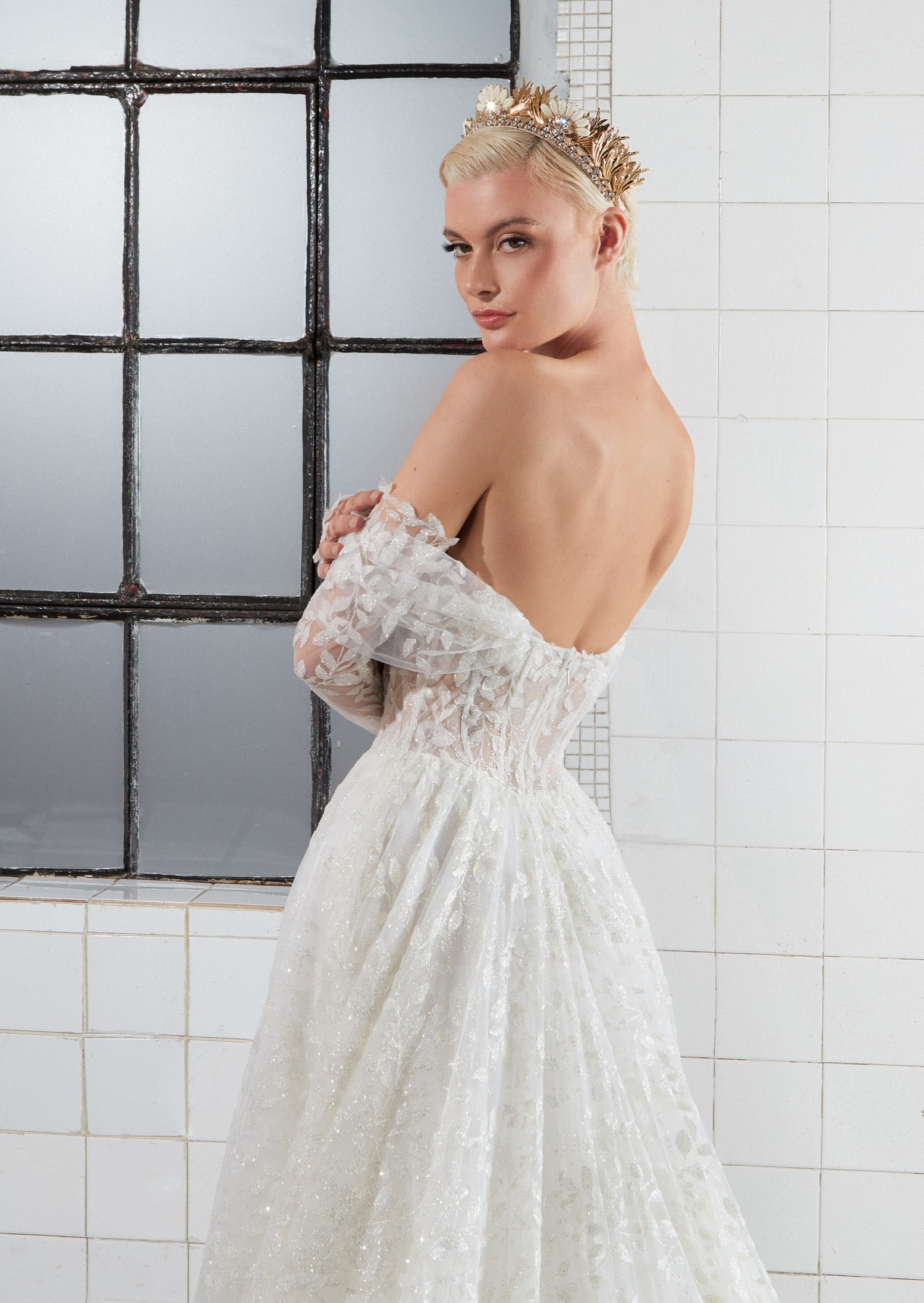 sparkle tulle strapless A-Line dress with detachable straps and sleeves and inner corset