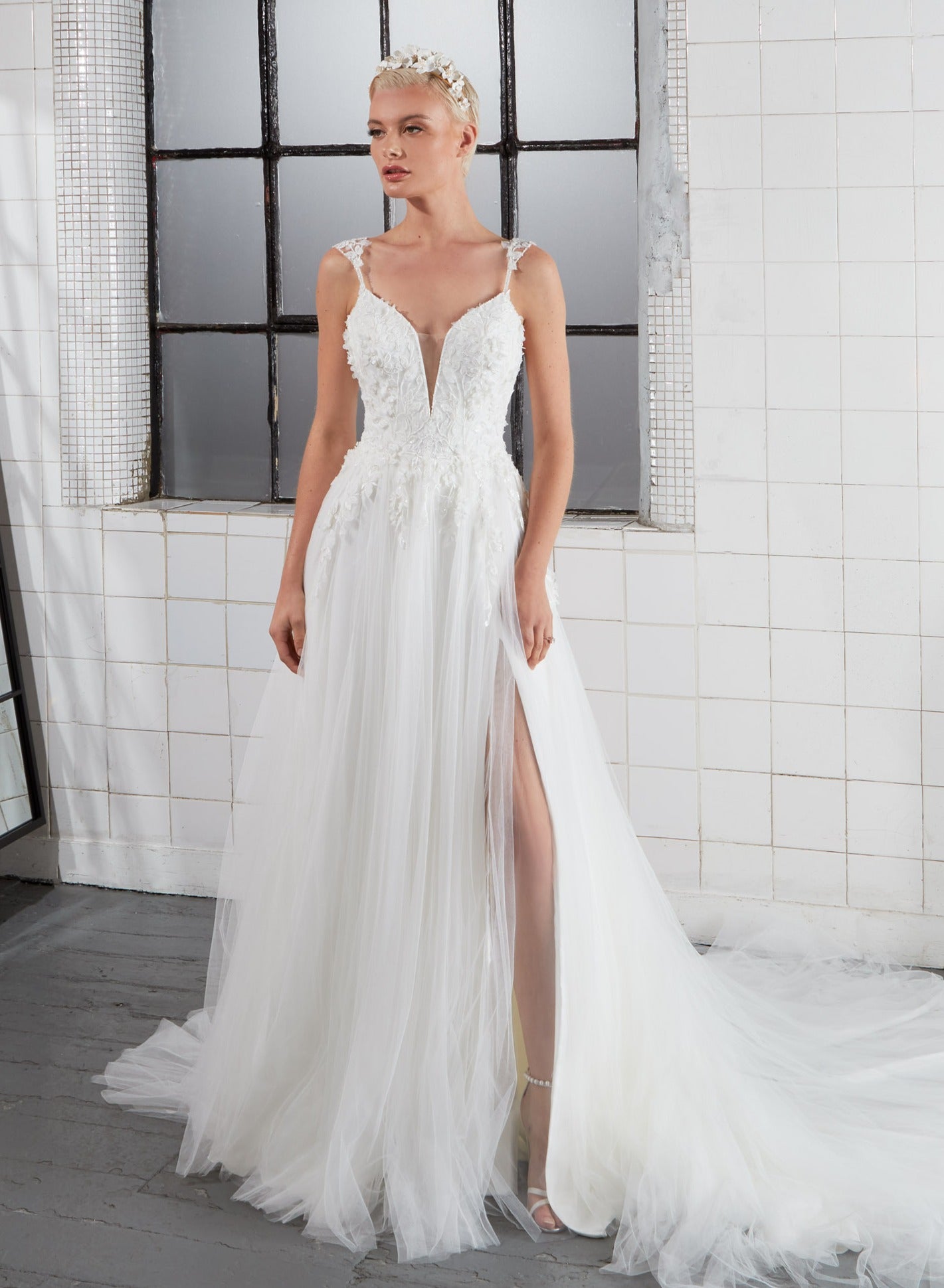 3D leaf lace soft tulle A-Line dress with plunge neckline and thigh leg split and inner corset and straps