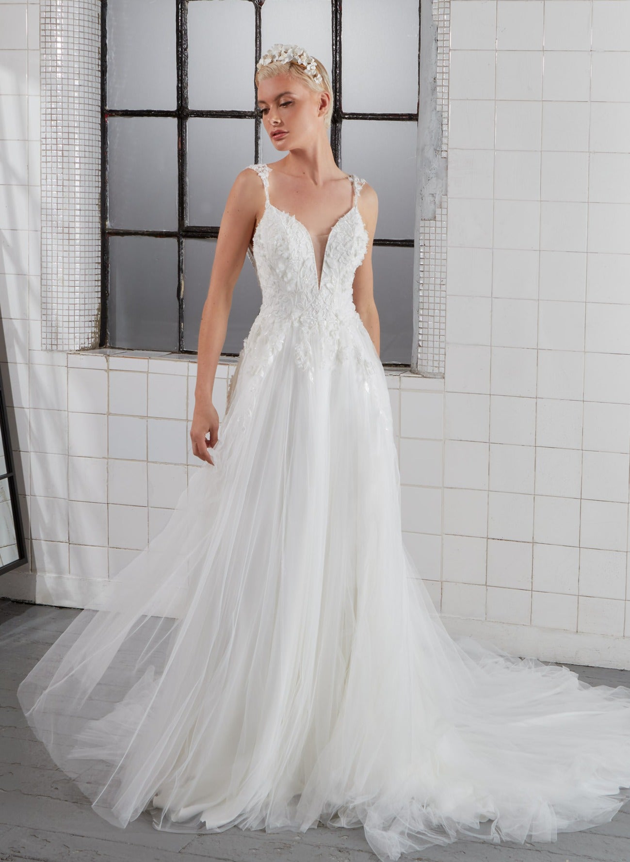 3D leaf lace soft tulle A-Line dress with plunge neckline and thigh leg split and inner corset and straps