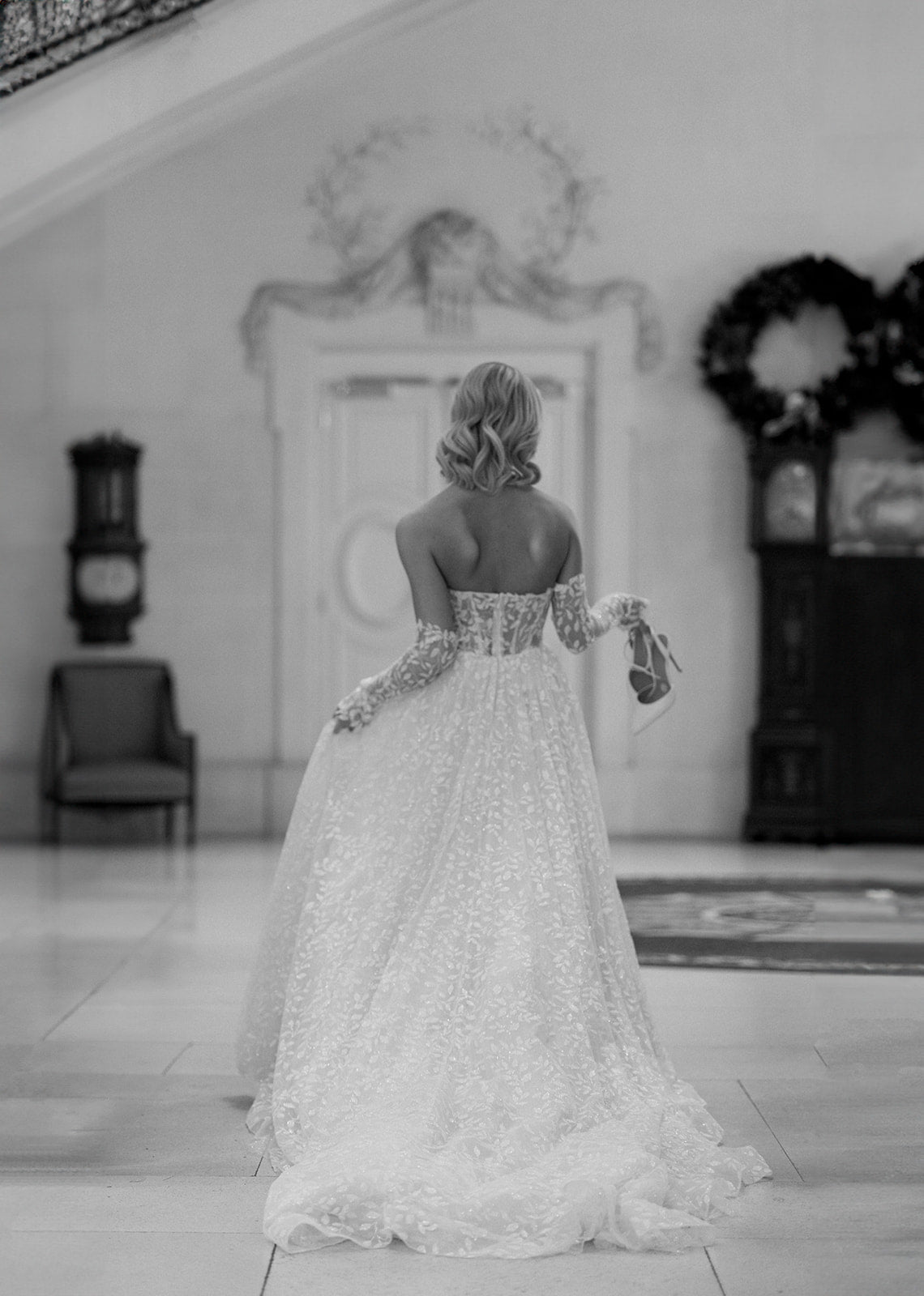 3D leaf lace soft tulle A-Line dress with plunge neckline and thigh leg split and inner corset and straps