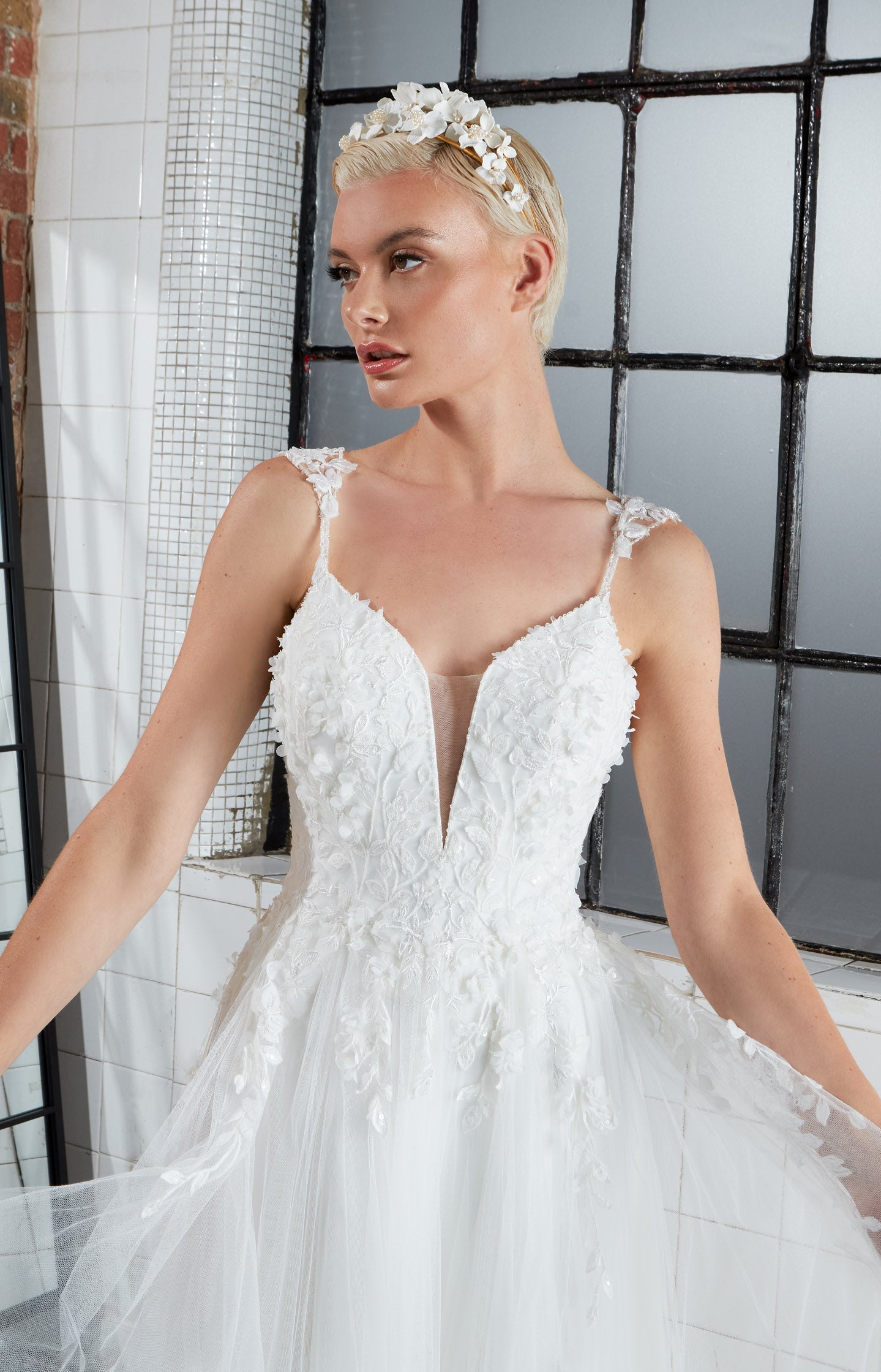 3D leaf lace soft tulle A-Line dress with plunge neckline and thigh leg split and inner corset and straps