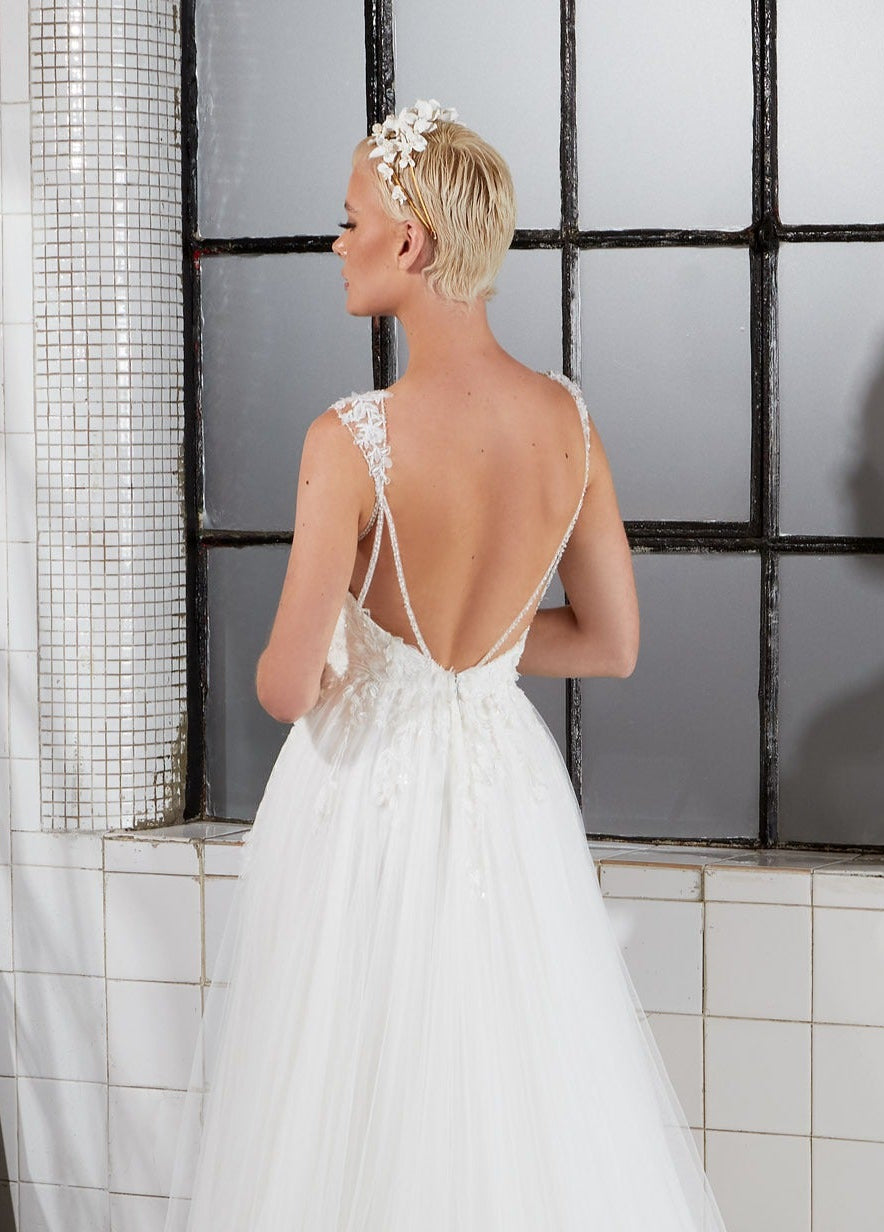 3D leaf lace soft tulle A-Line dress with plunge neckline and thigh leg split and inner corset and straps
