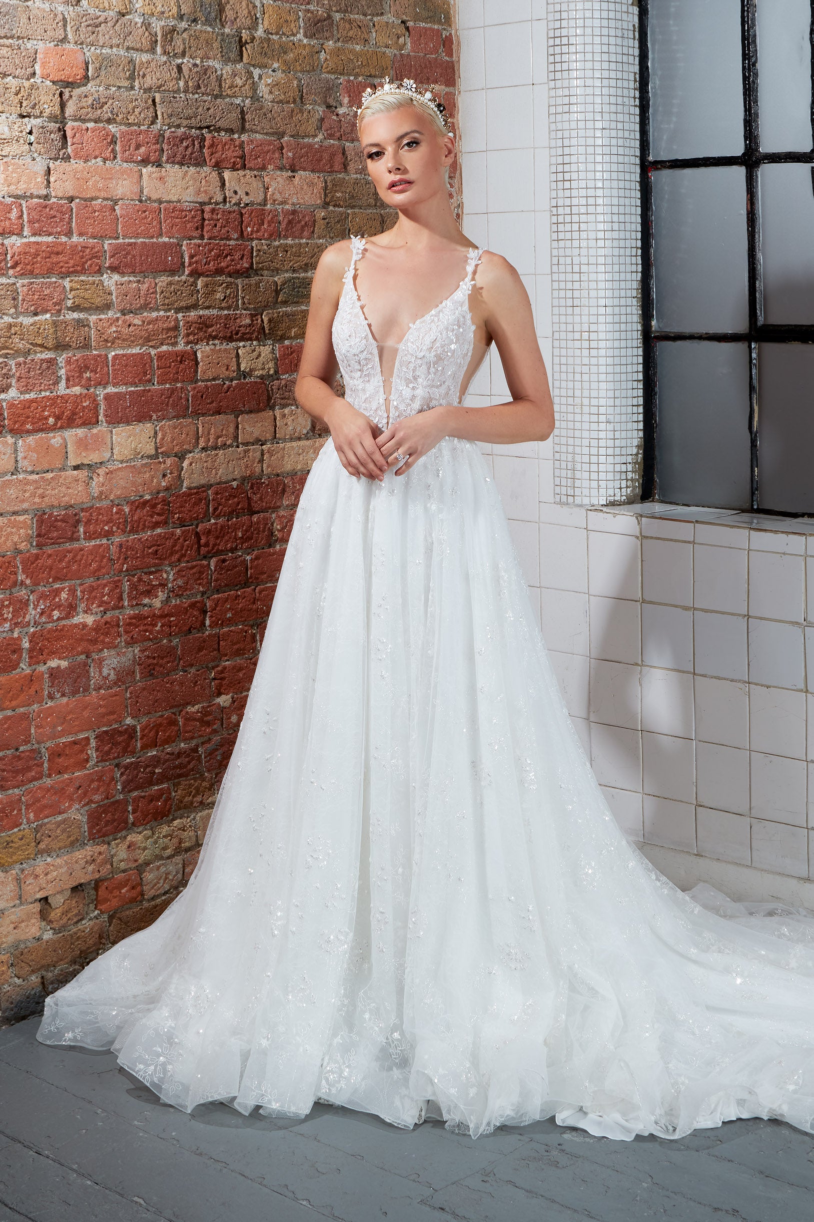 plunge V-neck A-line dress with beaded lace