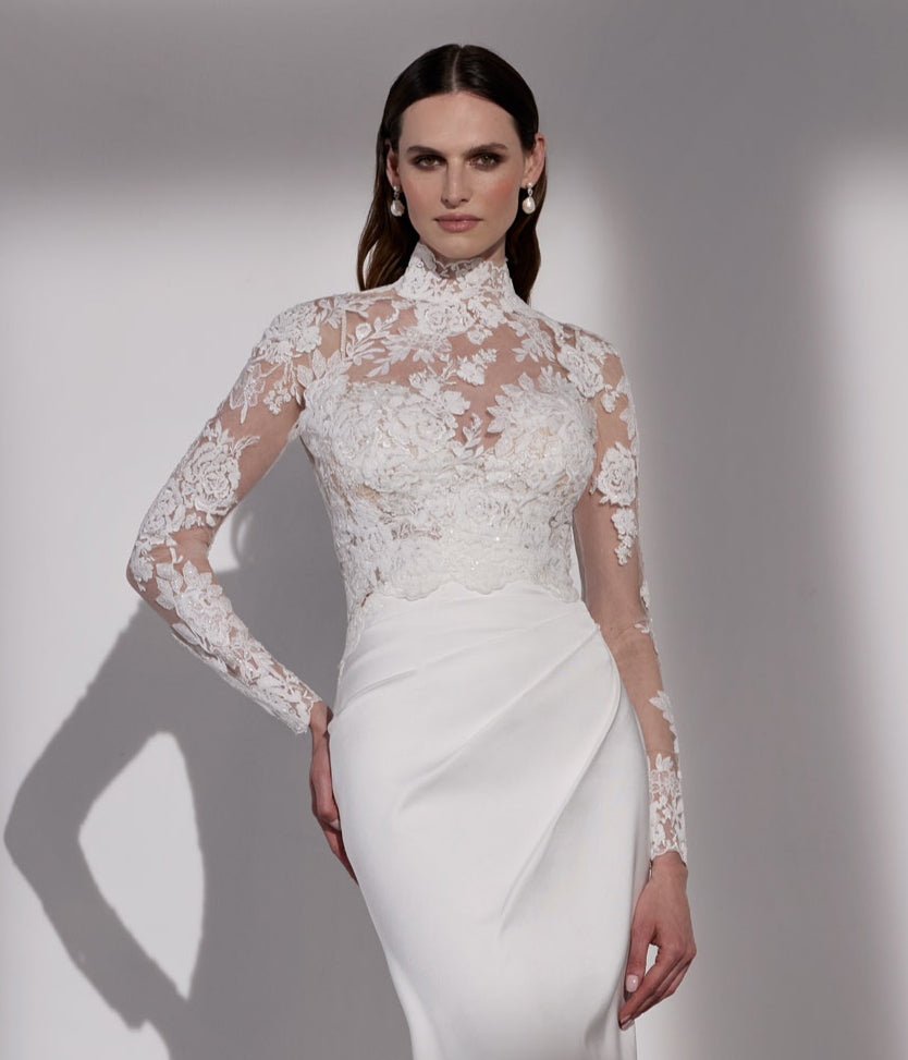 French-look embellished lace topper with pearl button back