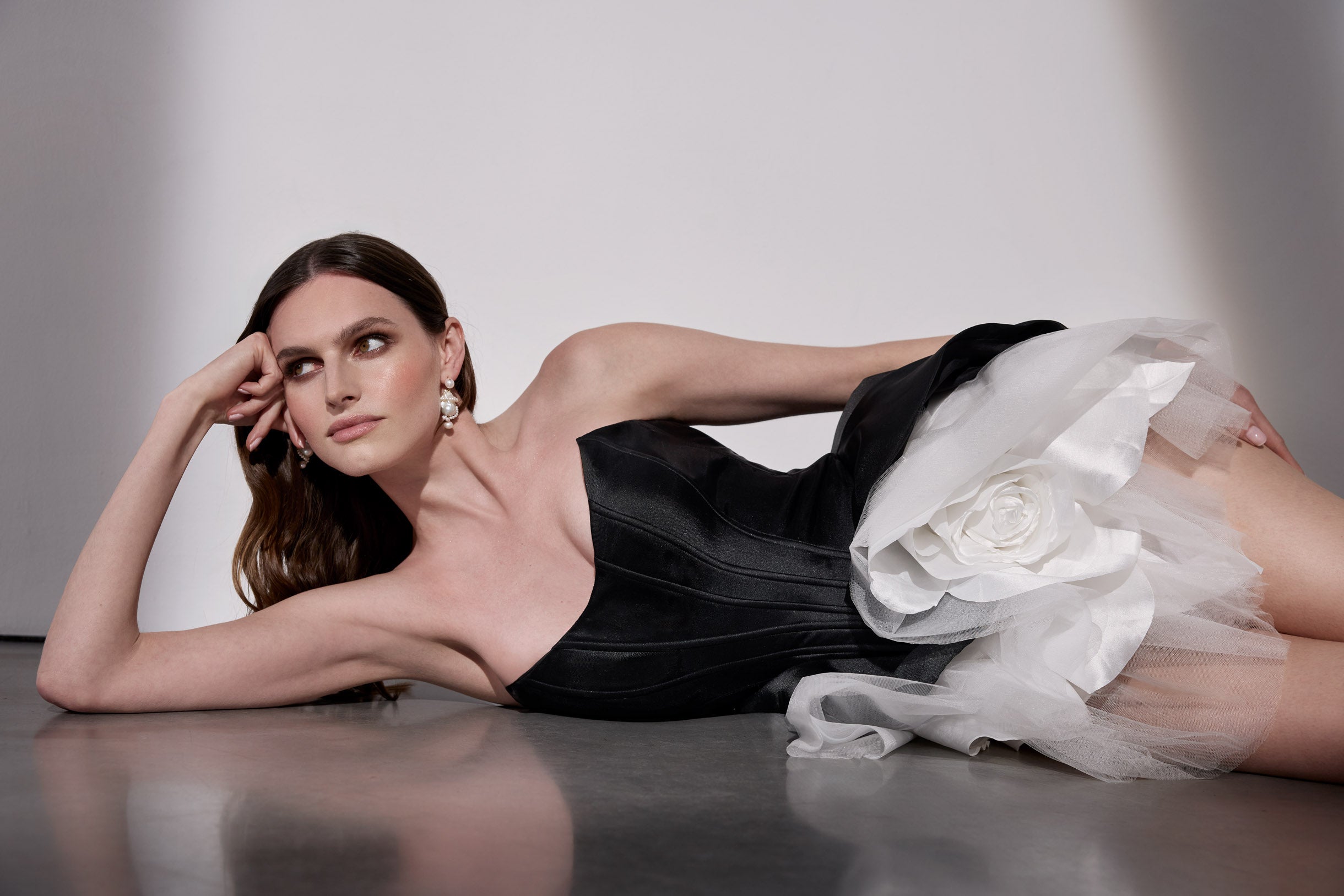 Lux mikado basque waist and puff mini skirt
with flower