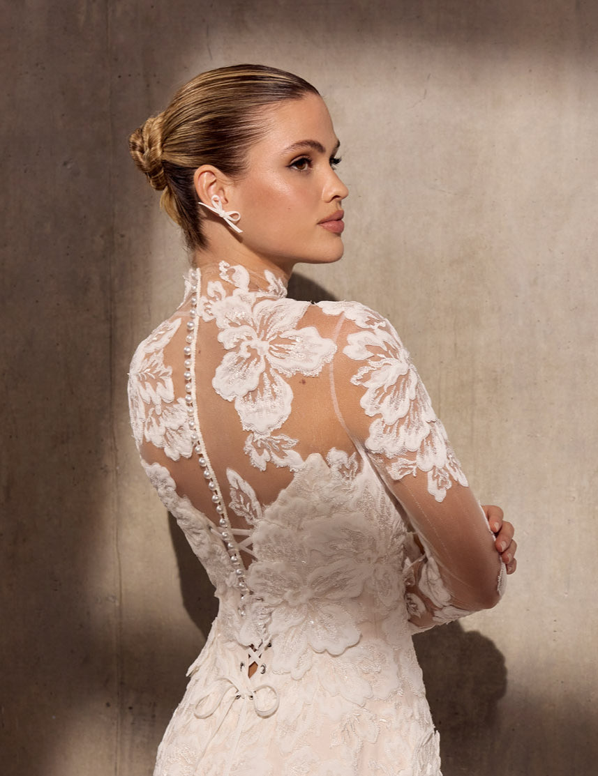 Strapless 3D applique flower jacket topper with pearl buttons