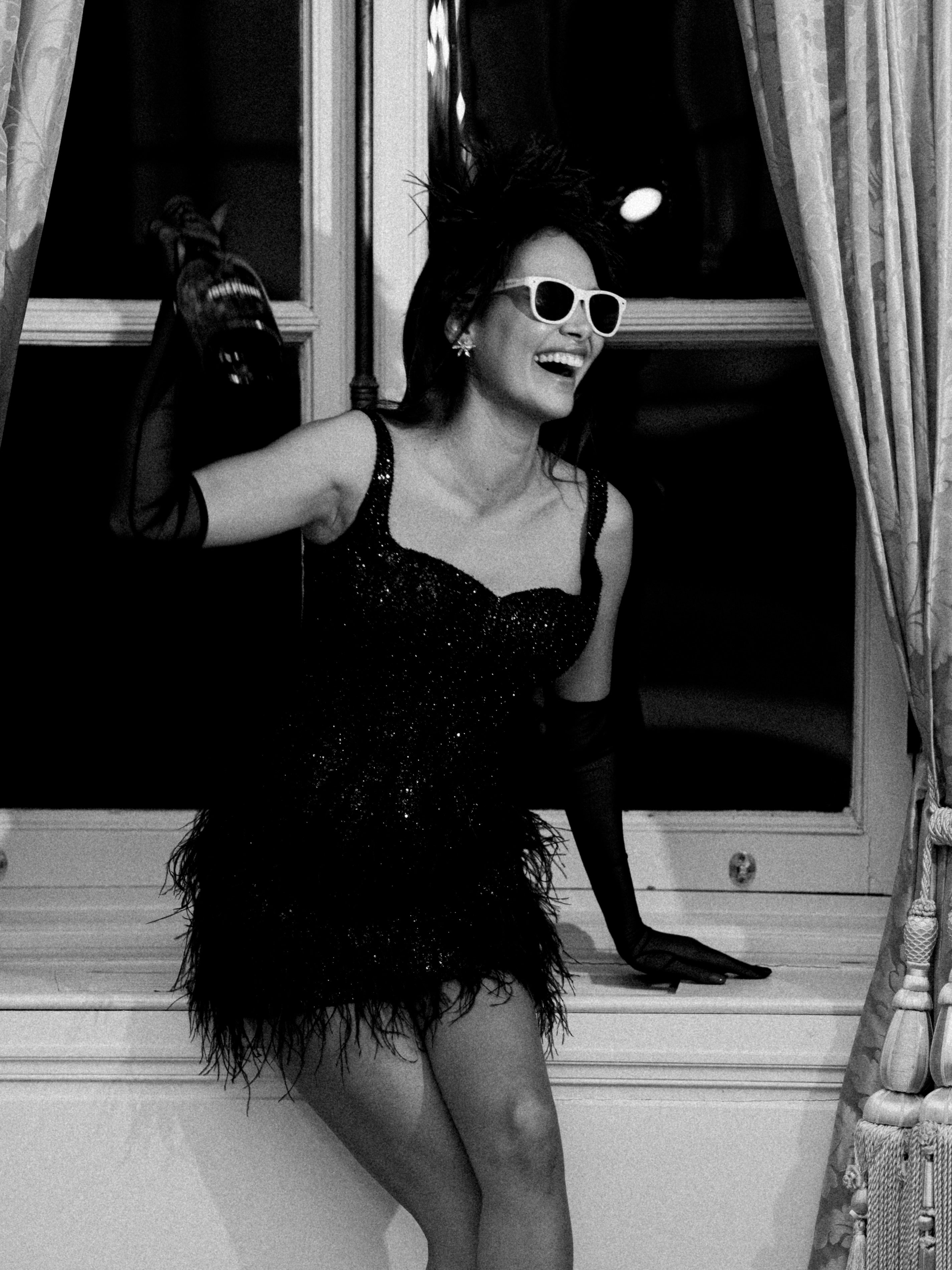 square neckline mini dress black noir with feathers and gloves