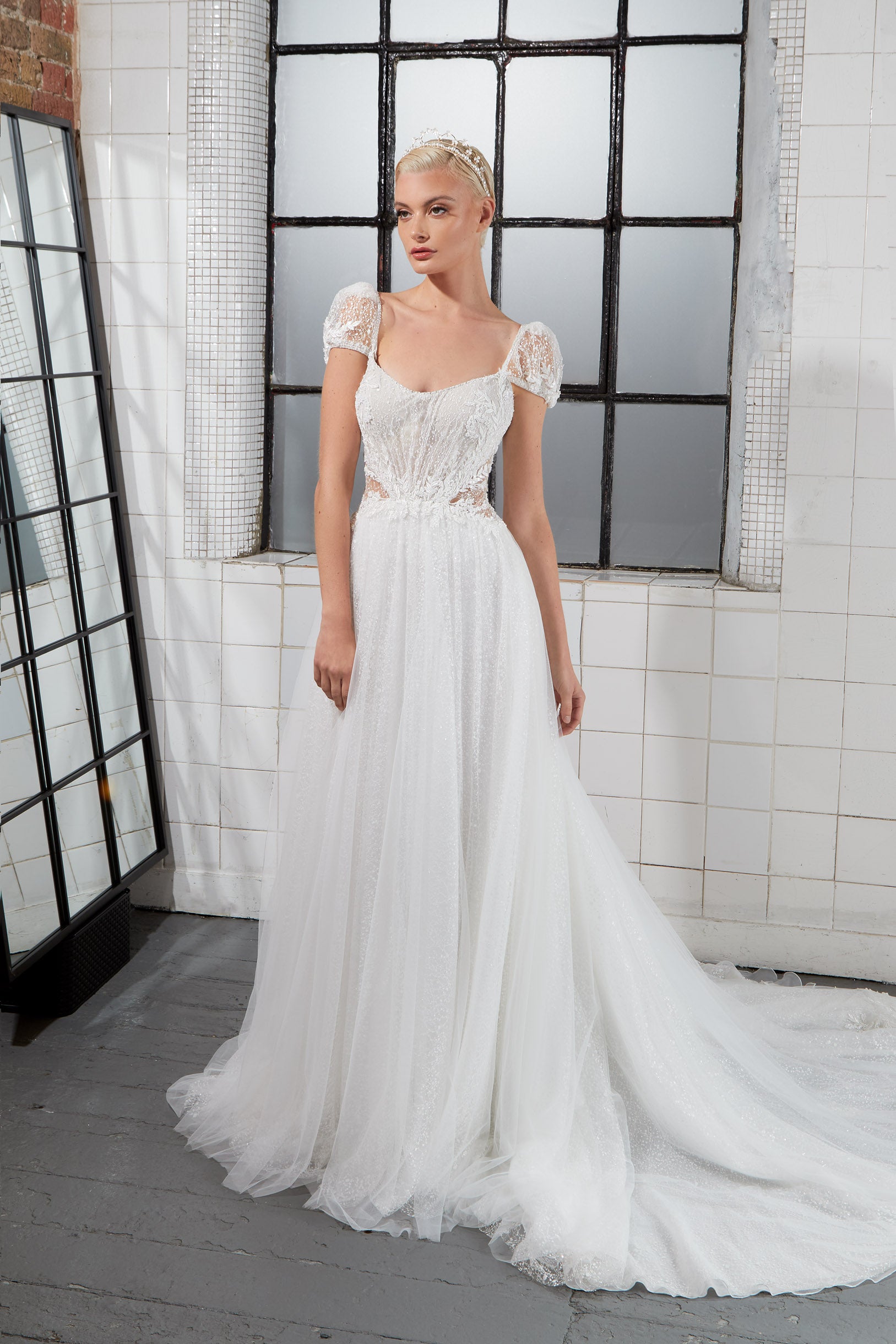 Chic sparkly A-line scoop neckline with illusion tulle cut-out with corset and detachable sleeves