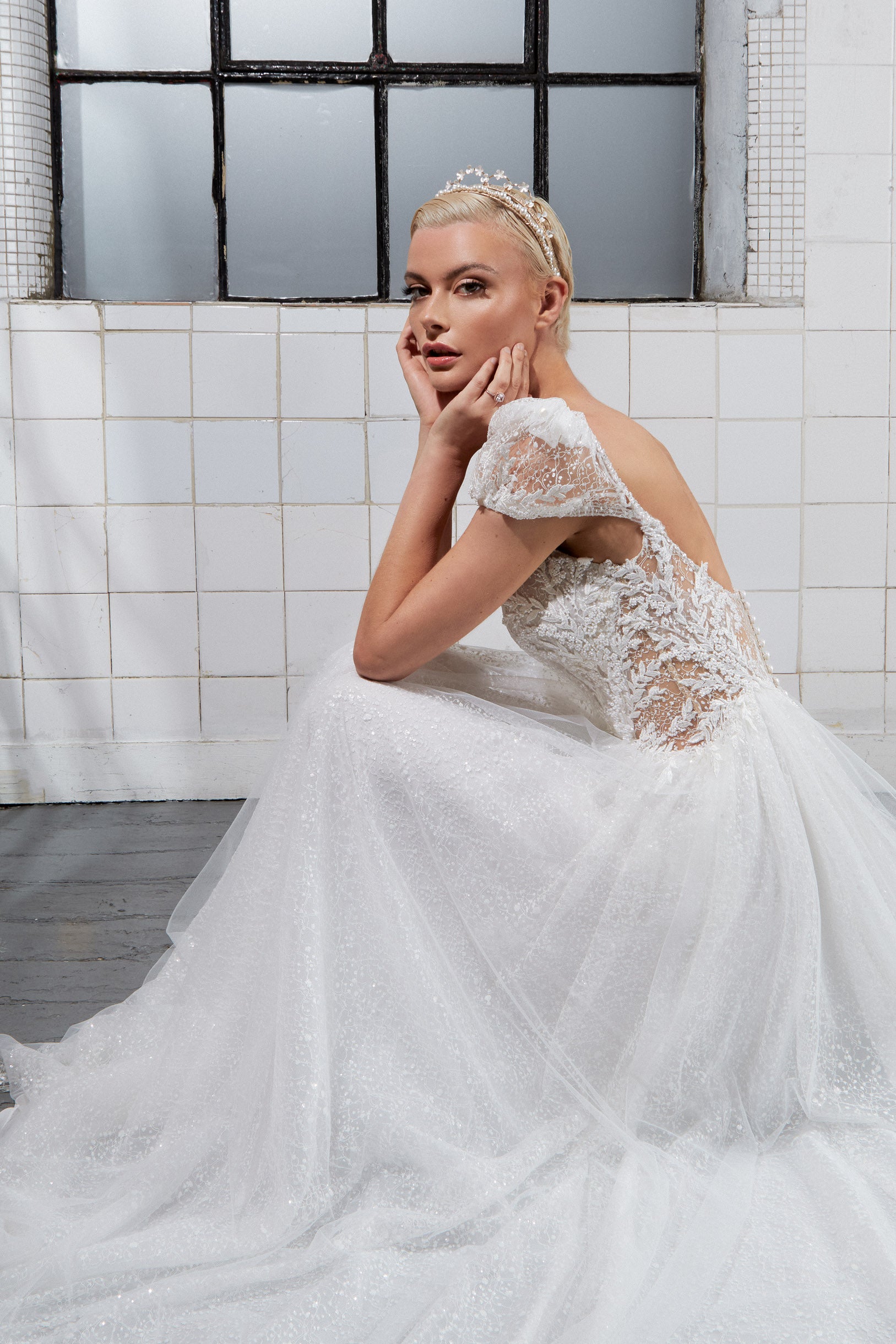 Chic sparkly A-line scoop neckline with illusion tulle cut-out with corset and detachable sleeves