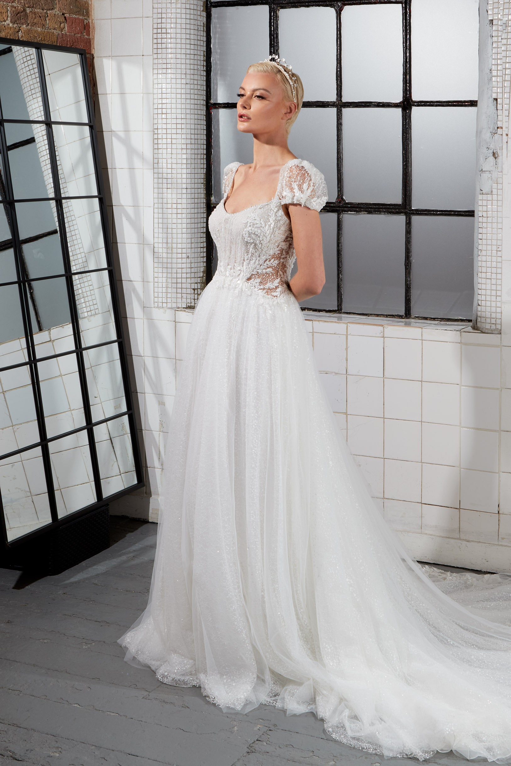 Chic sparkly A-line scoop neckline with illusion tulle cut-out with corset and detachable sleeves