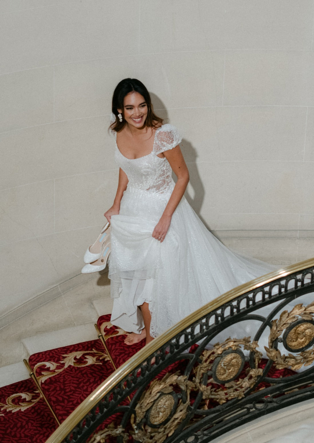 Chic sparkly A-line scoop neckline with illusion tulle cut-out with corset and detachable sleeves