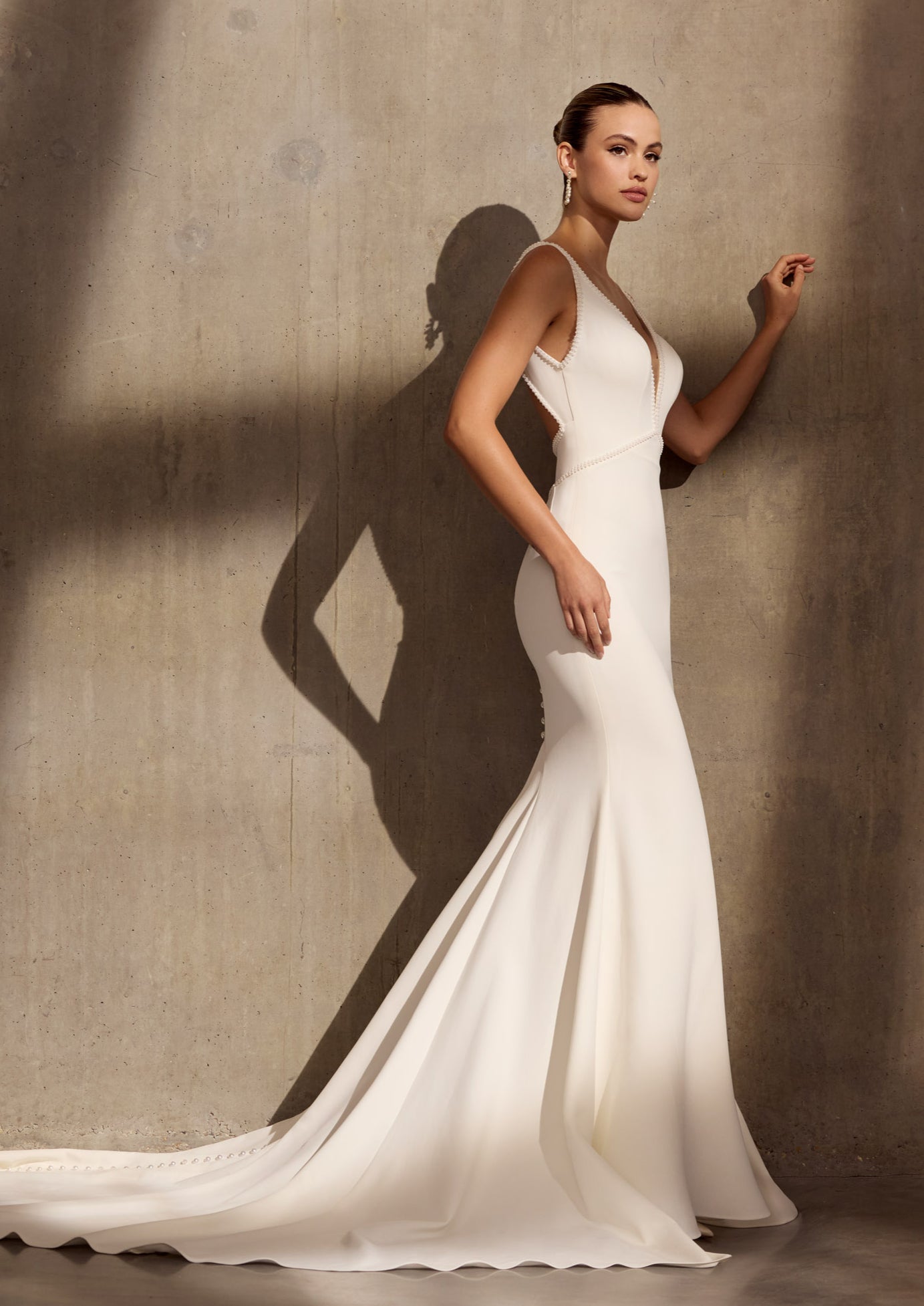 V-neck plunge Lux stretch crepe fluted sheath dress with
pearl detail