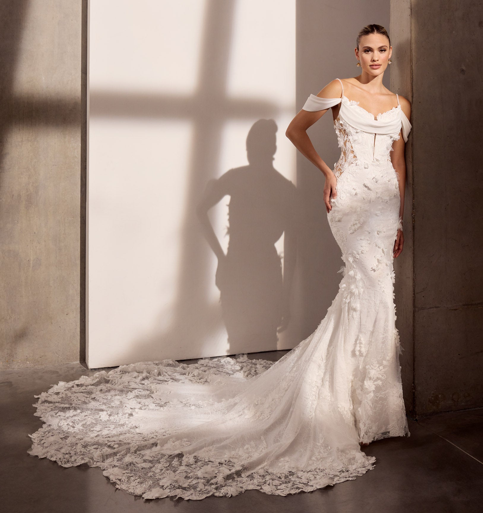 3D floral applique lace and georgette sheath
dress with detachable drape and pull-up
sleeves