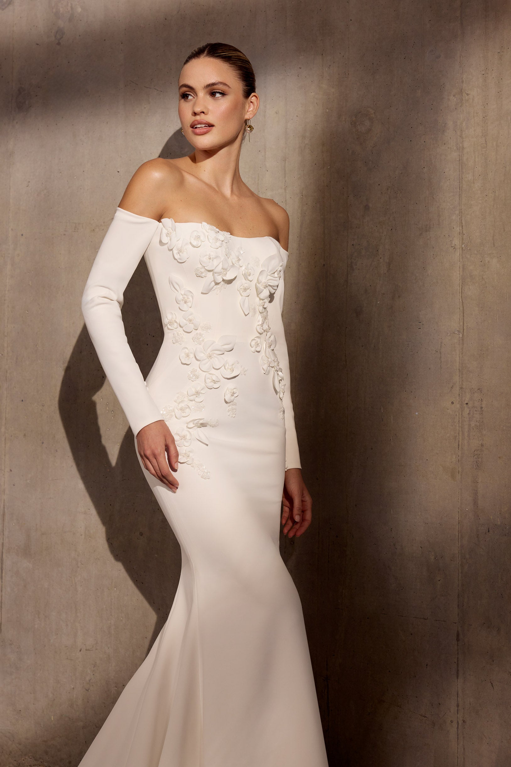 crepe off-the-shoulder sheath wedding dress CAMILLE