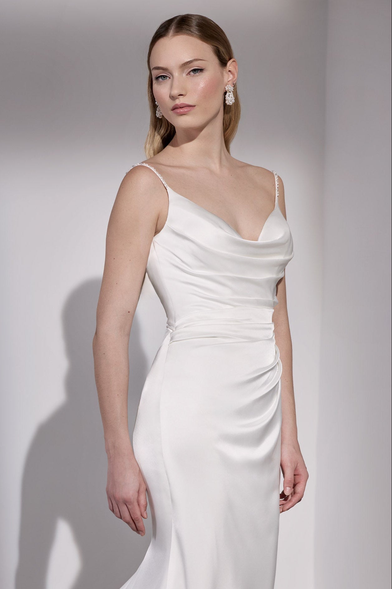 Japanese stretch satin sheath dress with pearl illusion back