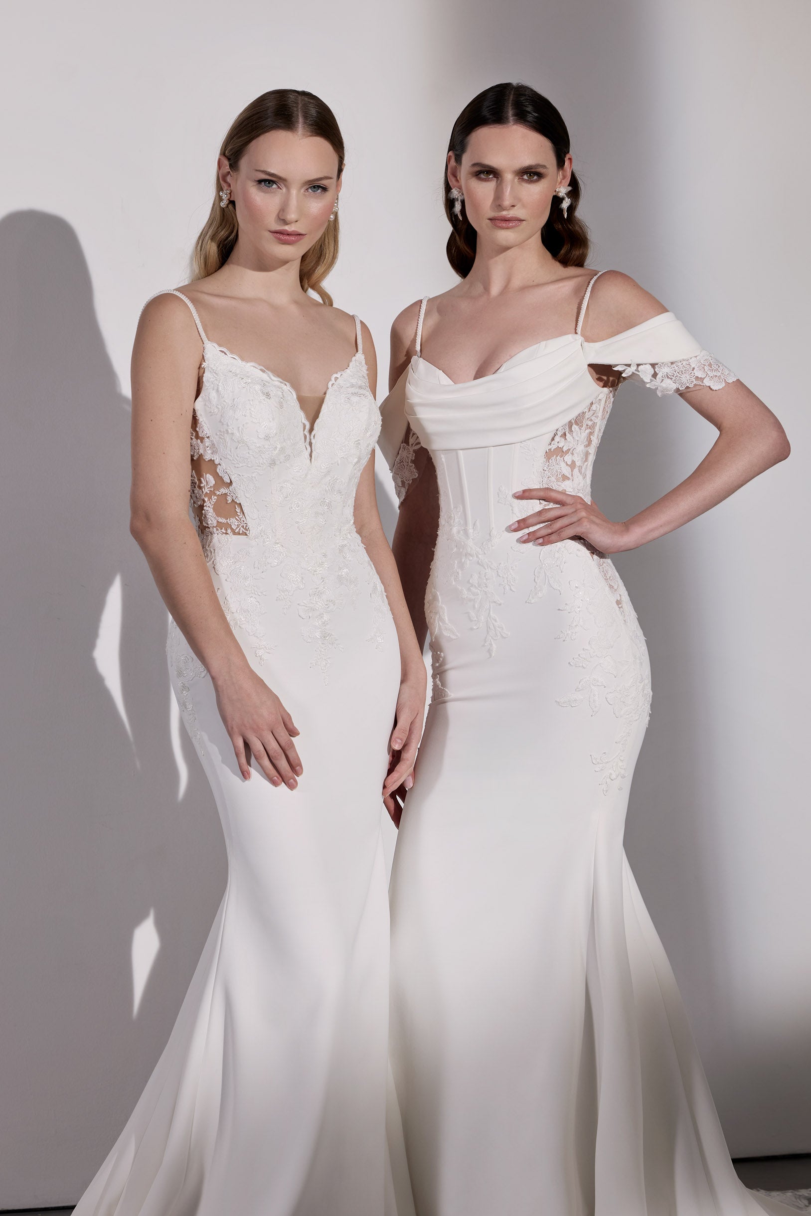 Lux stretch crepe and embroidery lace
basque waist sheath dress with illusion back, dropped sleeves and corset