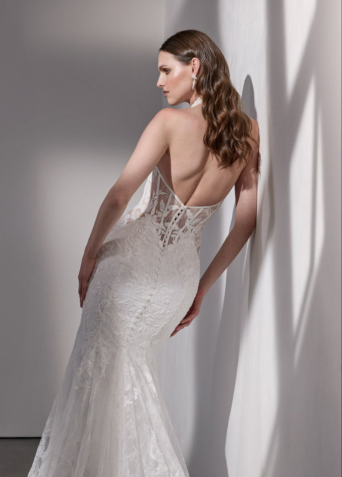 Chantilly and embroidery lace high-neck
sheath dress with dramatic train