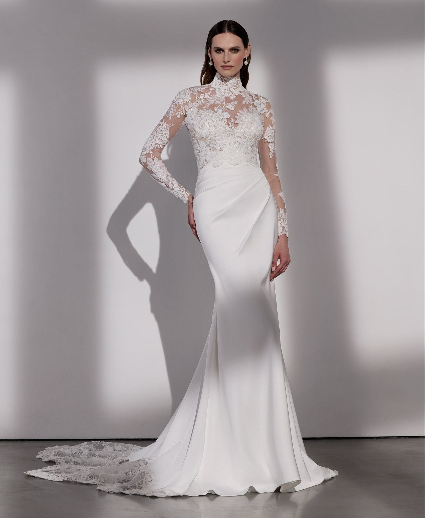 French-look embellished lace sheath dress with detachable sleeves and illusion train