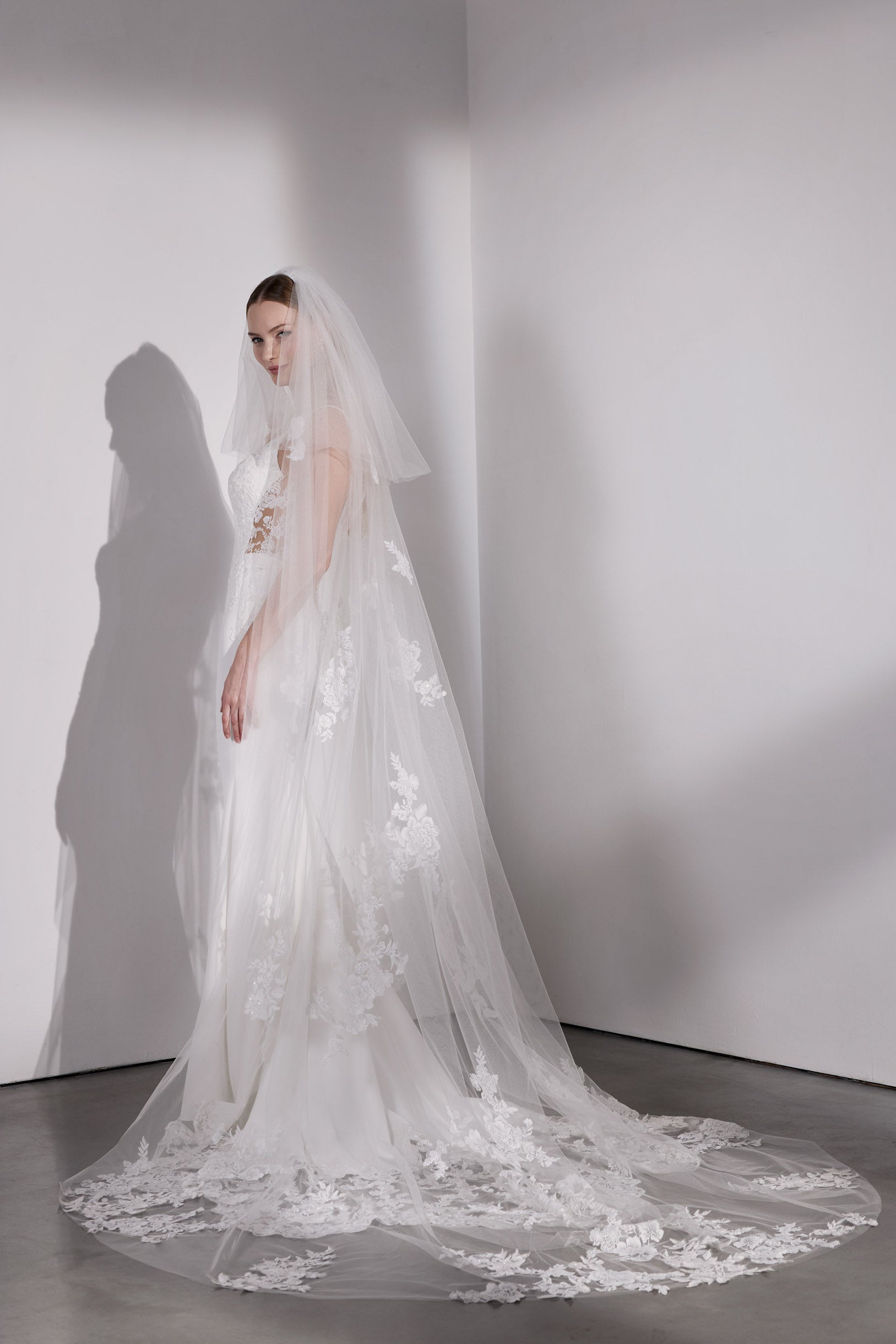 Lux stretch crepe with embroidery lace detail and illusion back and plunge sweetheart neckline with straps and a double tier wedding lace veil