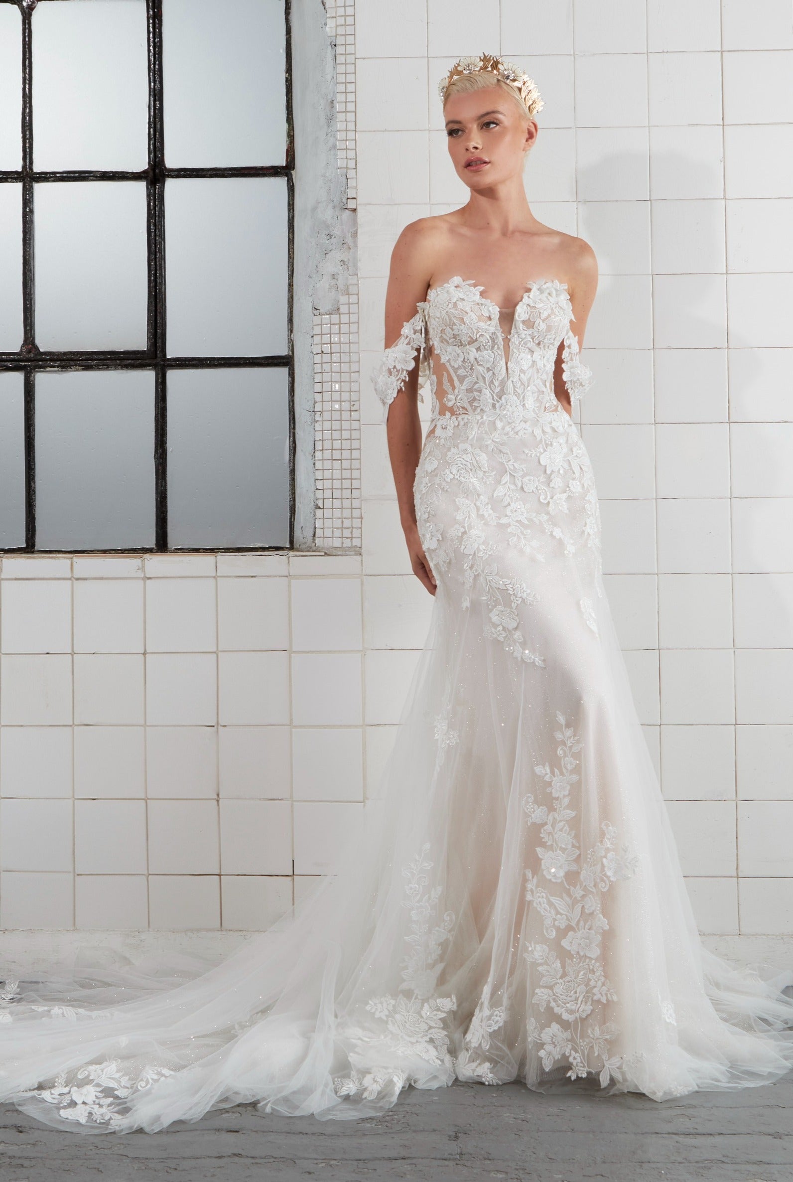 layered floral lace fishtail gown with strapless neckline and detachable straps