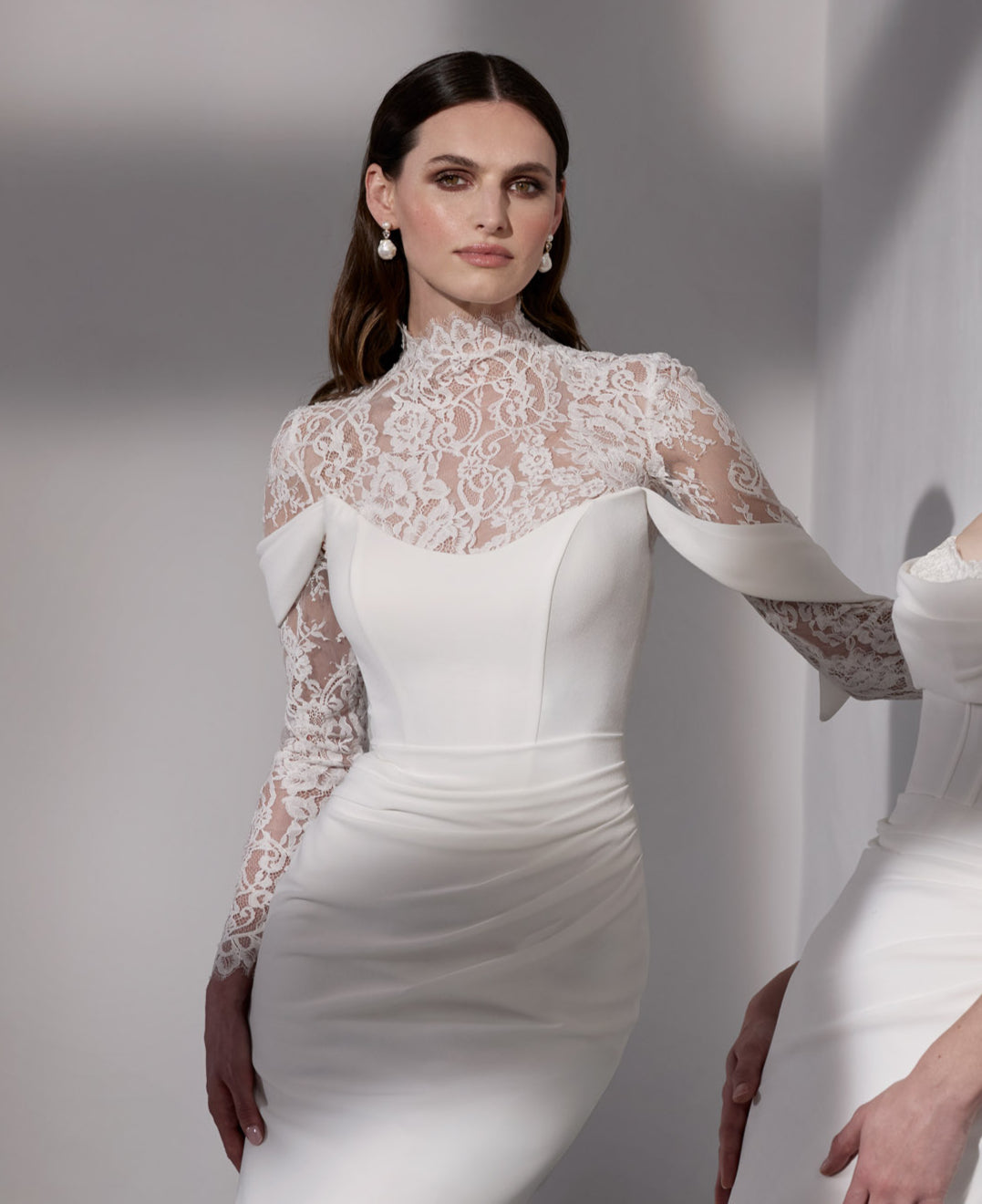 Chantilly-look lace topper with pearl button back