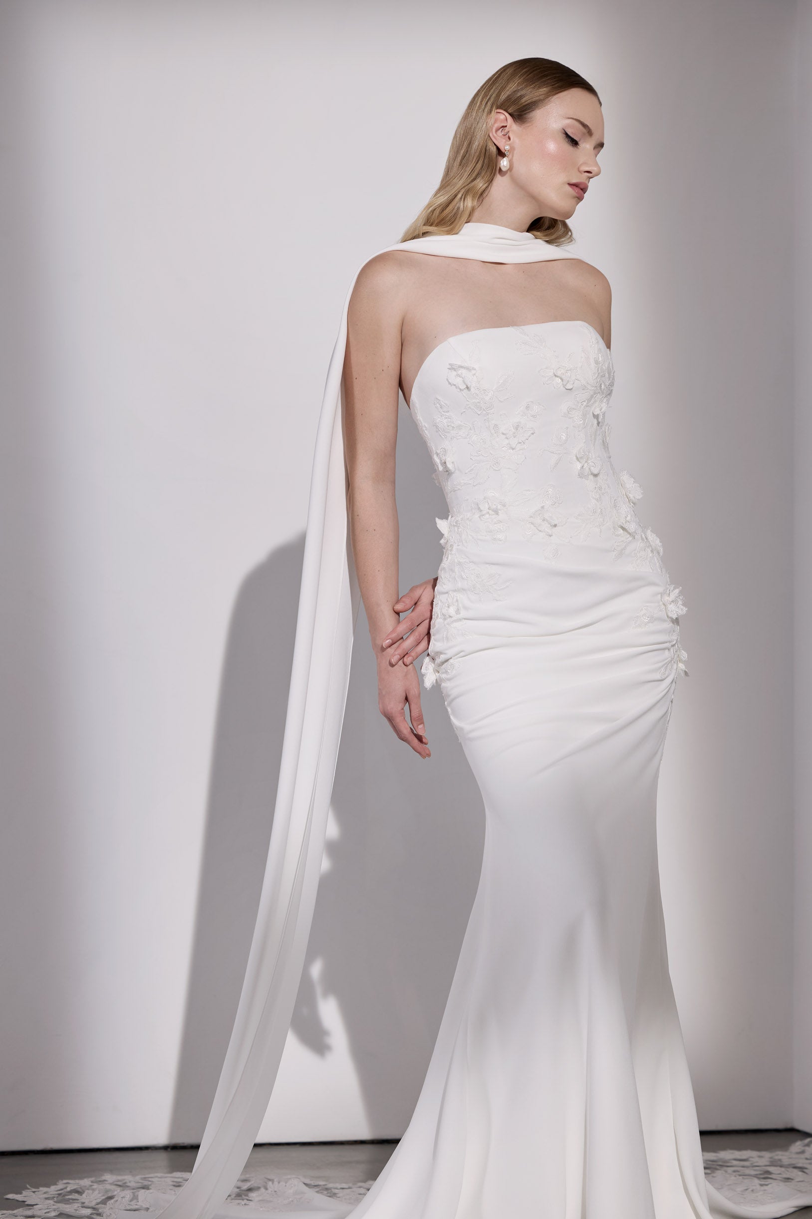 Georgette crepe and 3D lace applique draped sheath dress and optional scarf