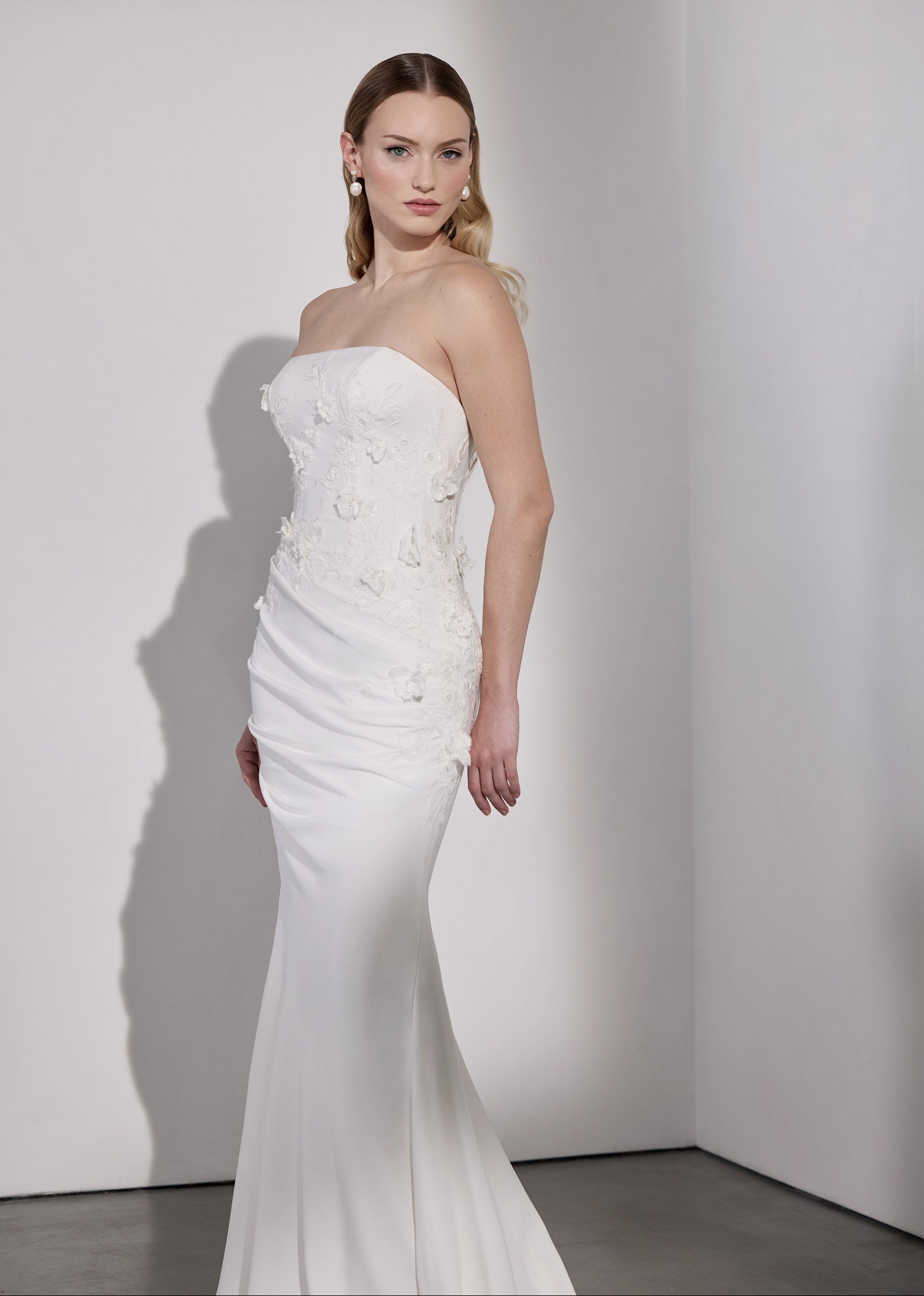 Georgette crepe and 3D lace applique draped sheath dress and optional scarf