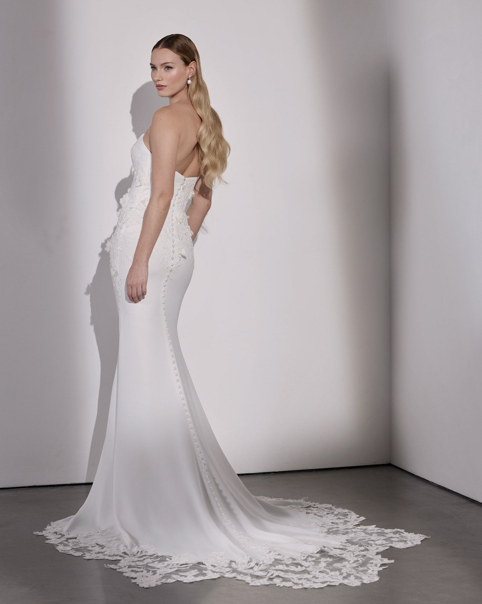 Georgette crepe and 3D lace applique draped sheath dress and optional scarf