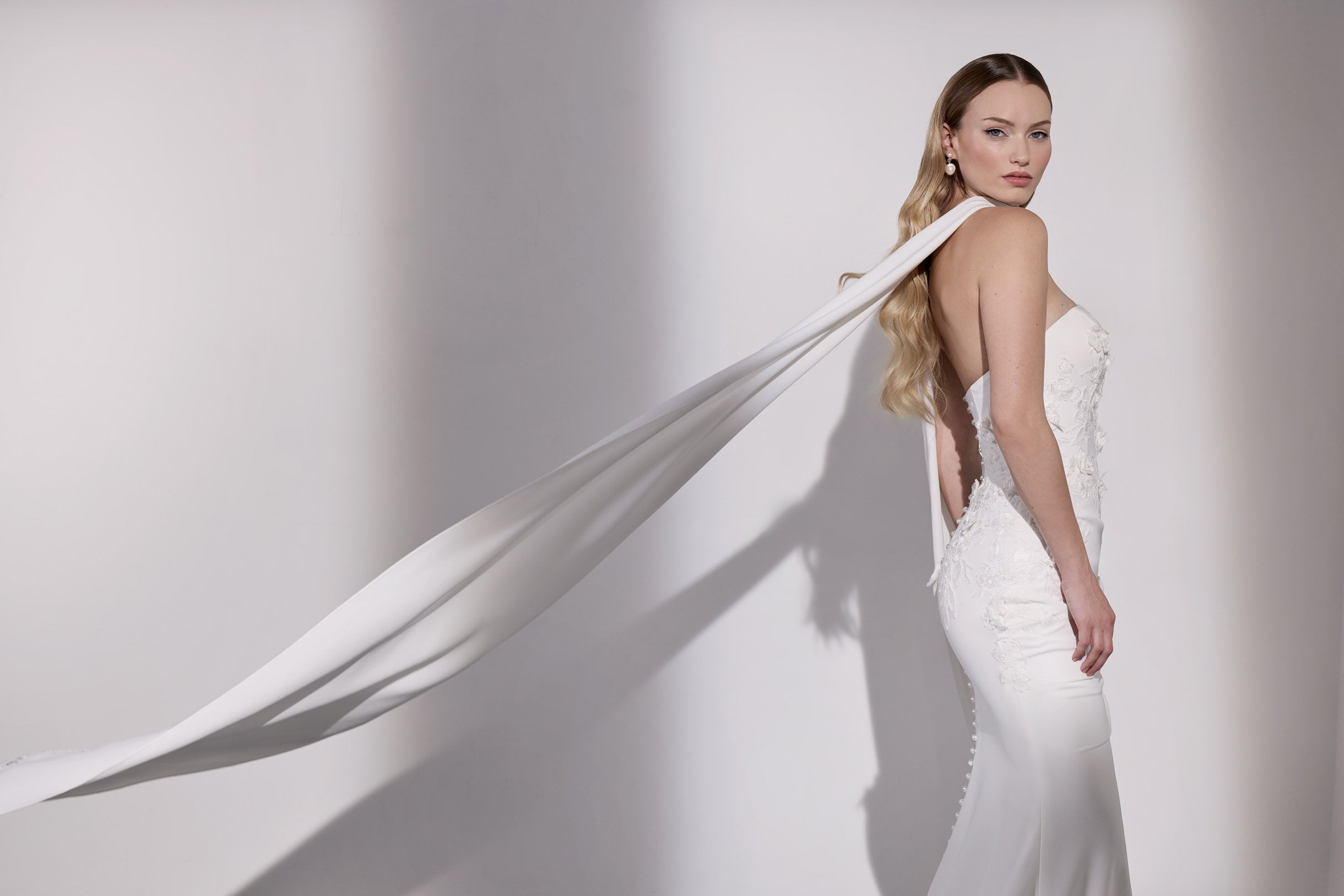 Georgette crepe and 3D lace applique draped sheath dress and optional scarf